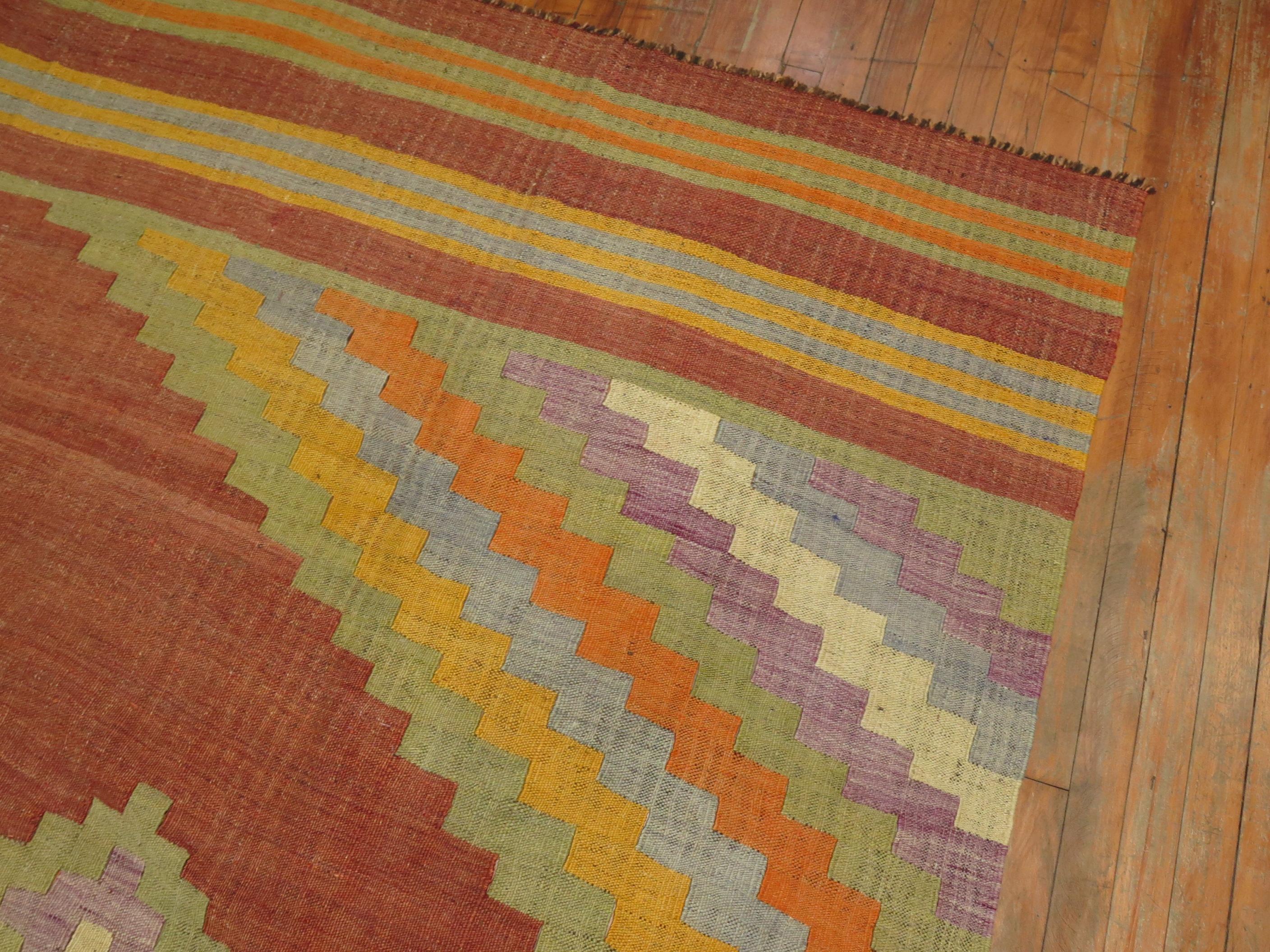 Rusty Brown Yellow Lavender Green Turkish Kilim Room Size Rug For Sale 3