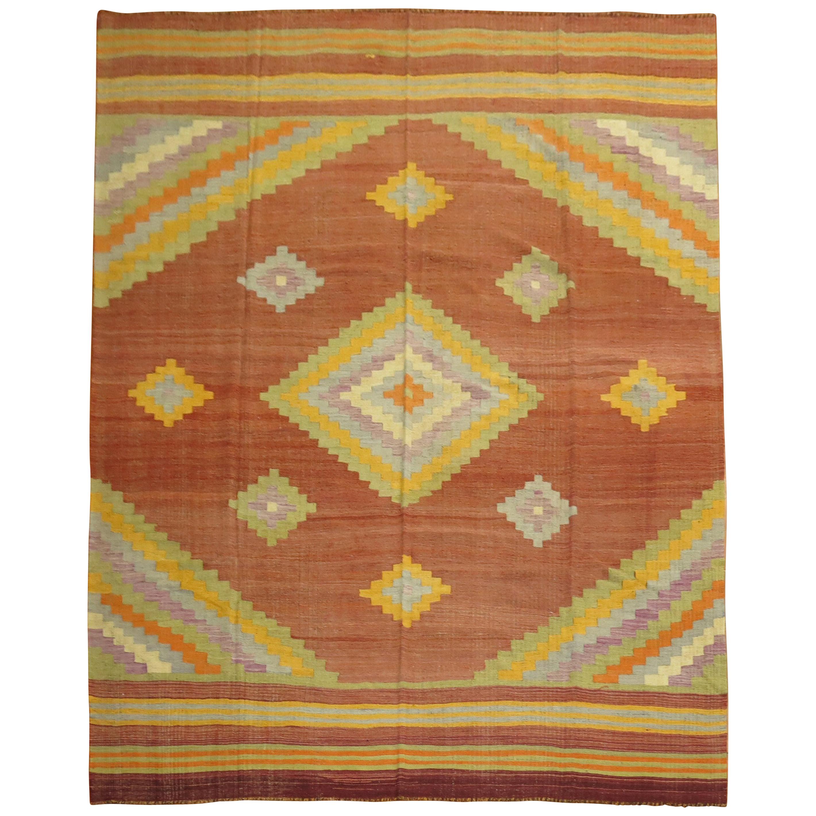Alfombra Turca Kilim Marrón Oxidado Amarillo Lavanda Verde Tamaño Habitación