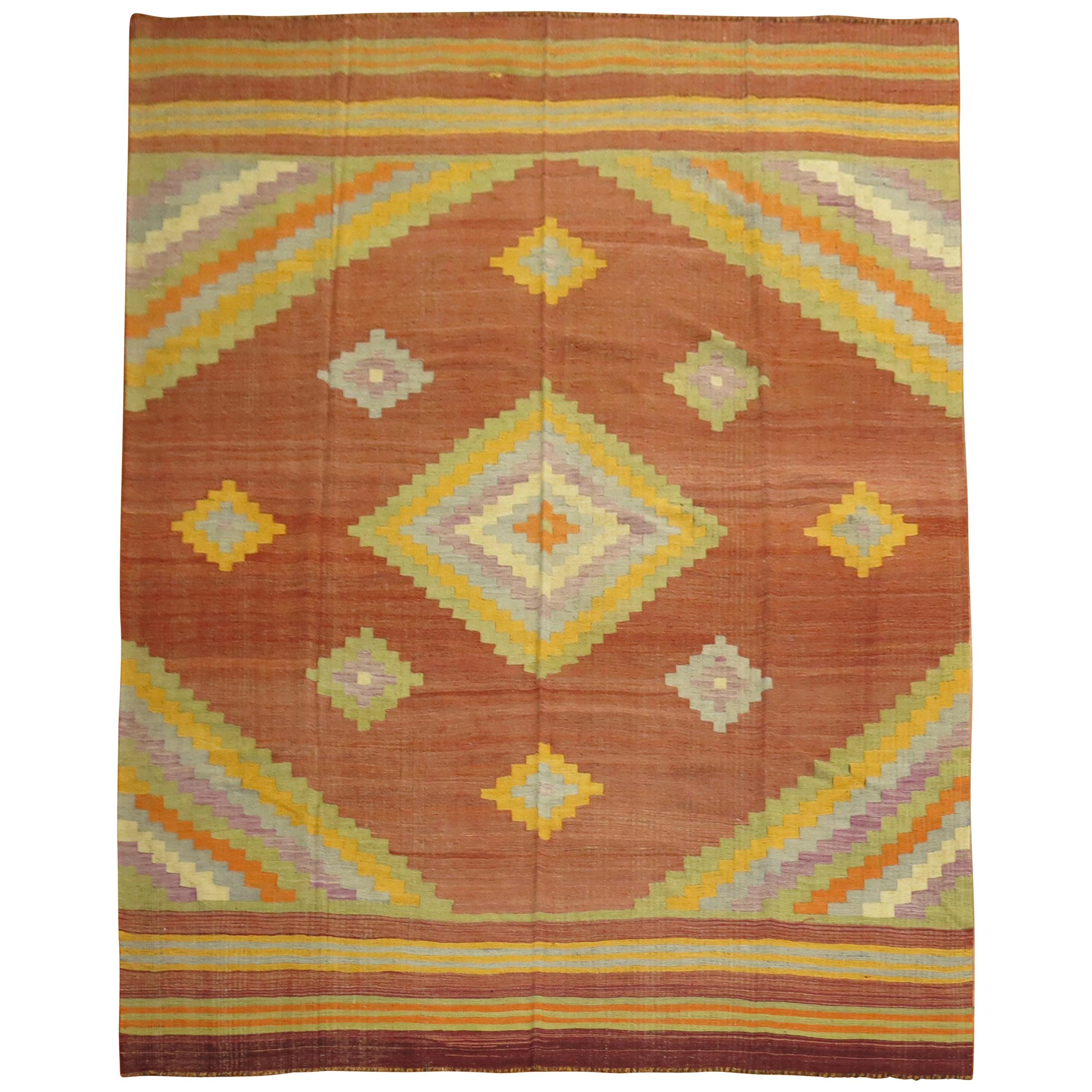 Rusty Brown Yellow Lavender Green Turkish Kilim Room Size Rug For Sale