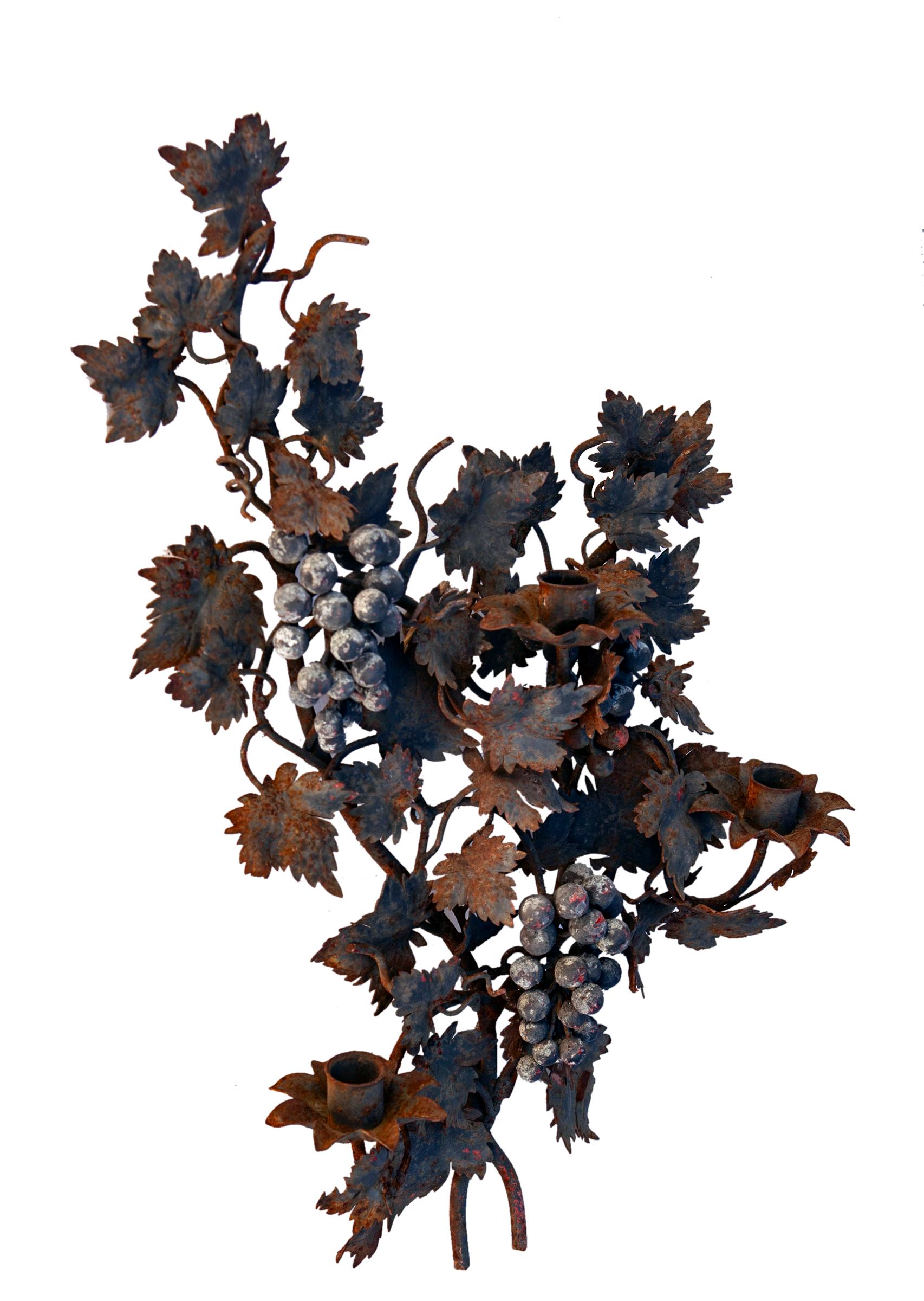 Rustic Rusty Iron Candle Wall Sconce Grape Vine Motif For Sale