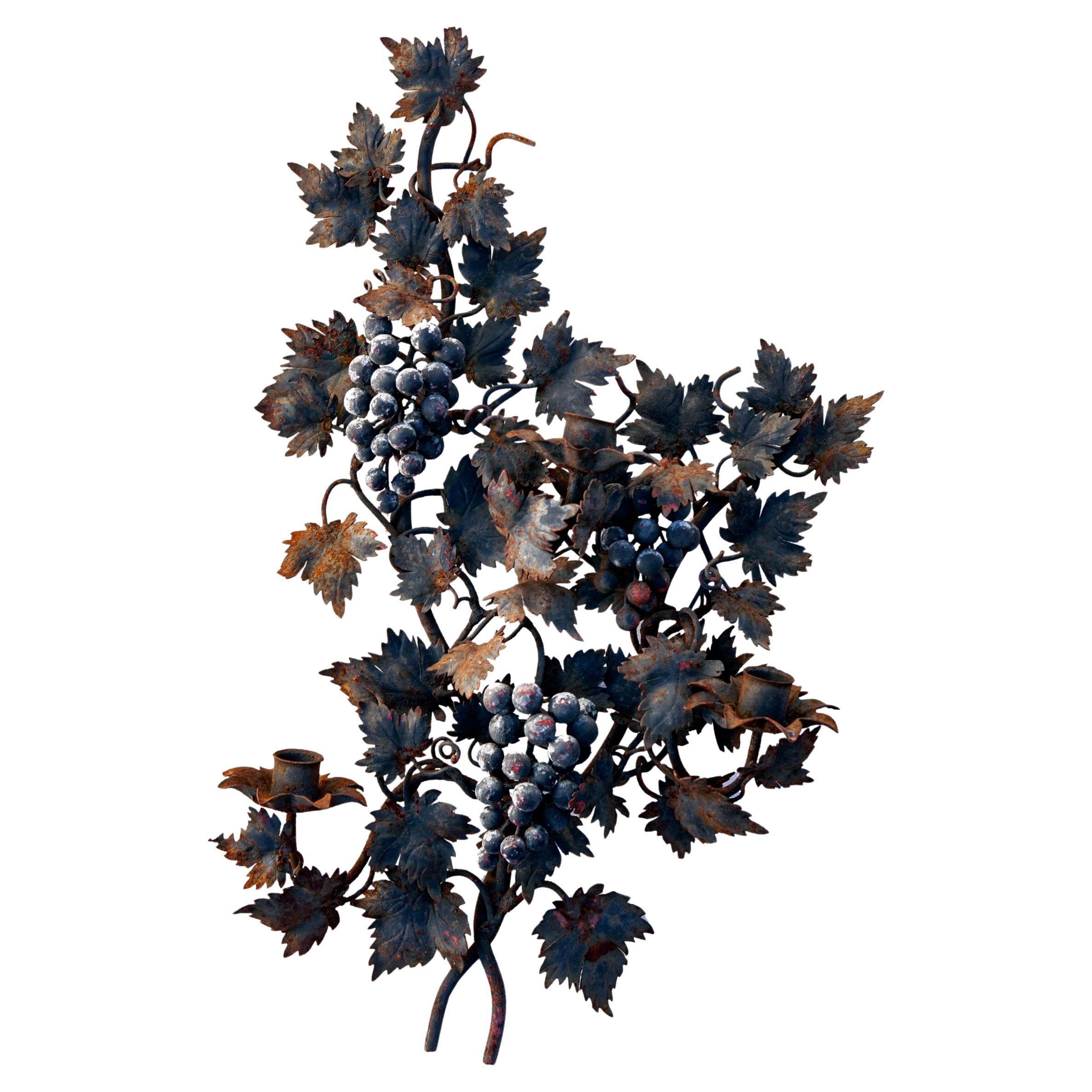 Rusty Iron Candle Wall Sconce Grape Vine Motif For Sale