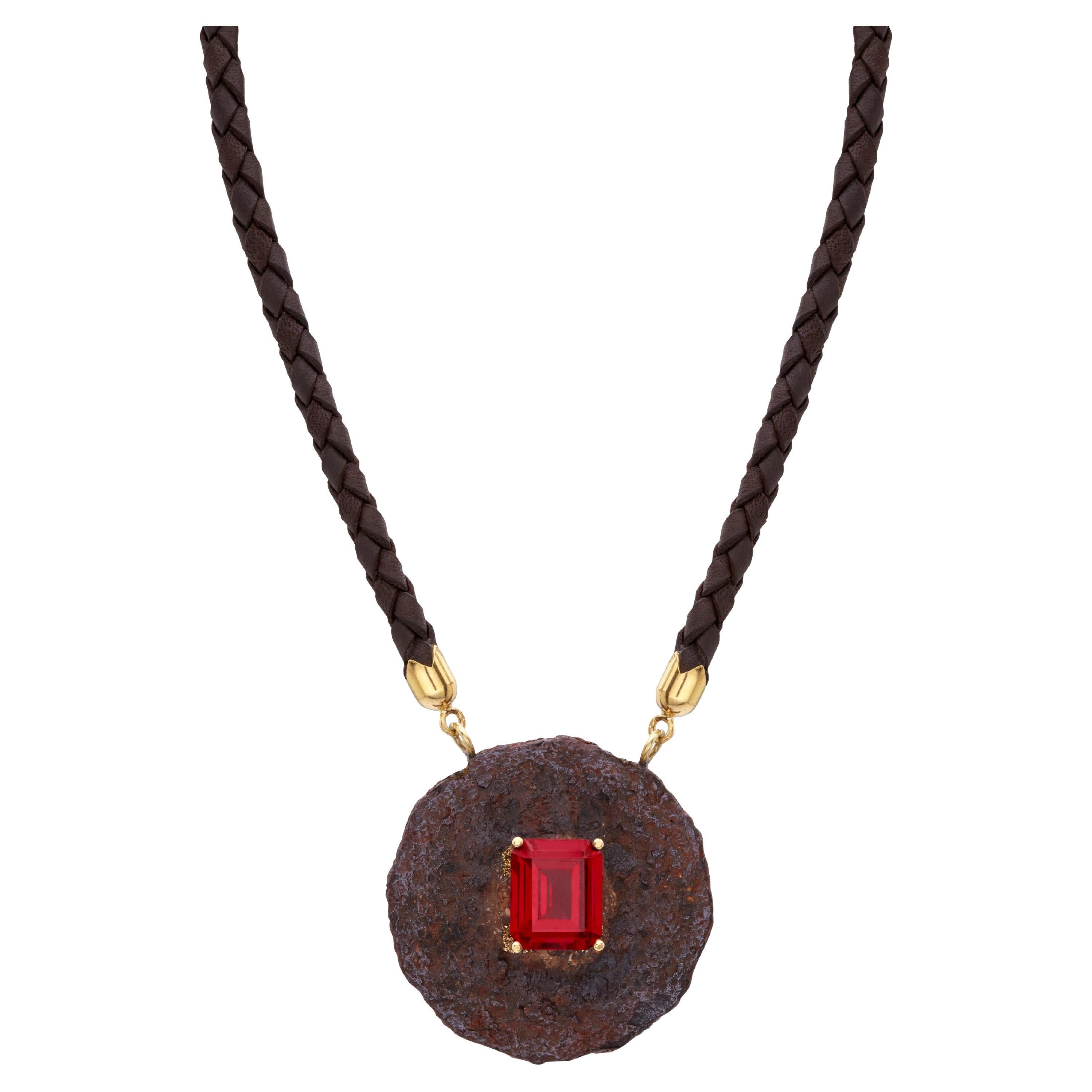 Rusty Moon Leather Necklace in 18Kt Yellow Gold with Red Verneuil Synthetic Ruby For Sale