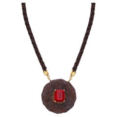Rusty Moon Leather Necklace in 18Kt Yellow Gold with Red Verneuil Synthetic Ruby
