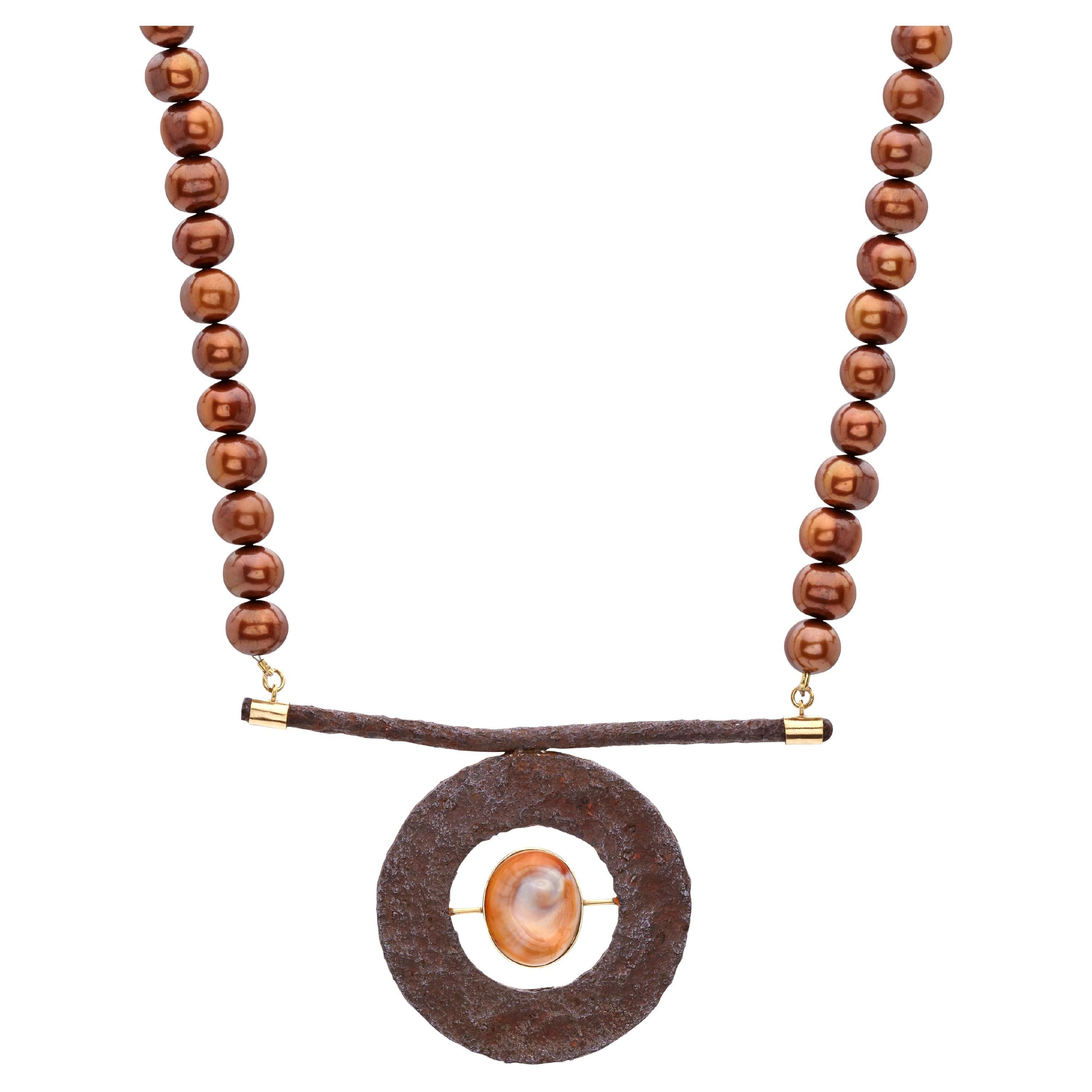 Rusty Object Pearls Necklace in 18Kt Yellow Gold with Operculla Cat's Eye Shell For Sale