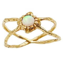 Rusty Thought Opal Infinite Shield Ring 18k Yellow Gold Crossed Textured Bands