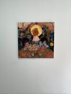 Un bol de roses, huile sur toile, 90x90cm, féministe surréaliste, 2025.