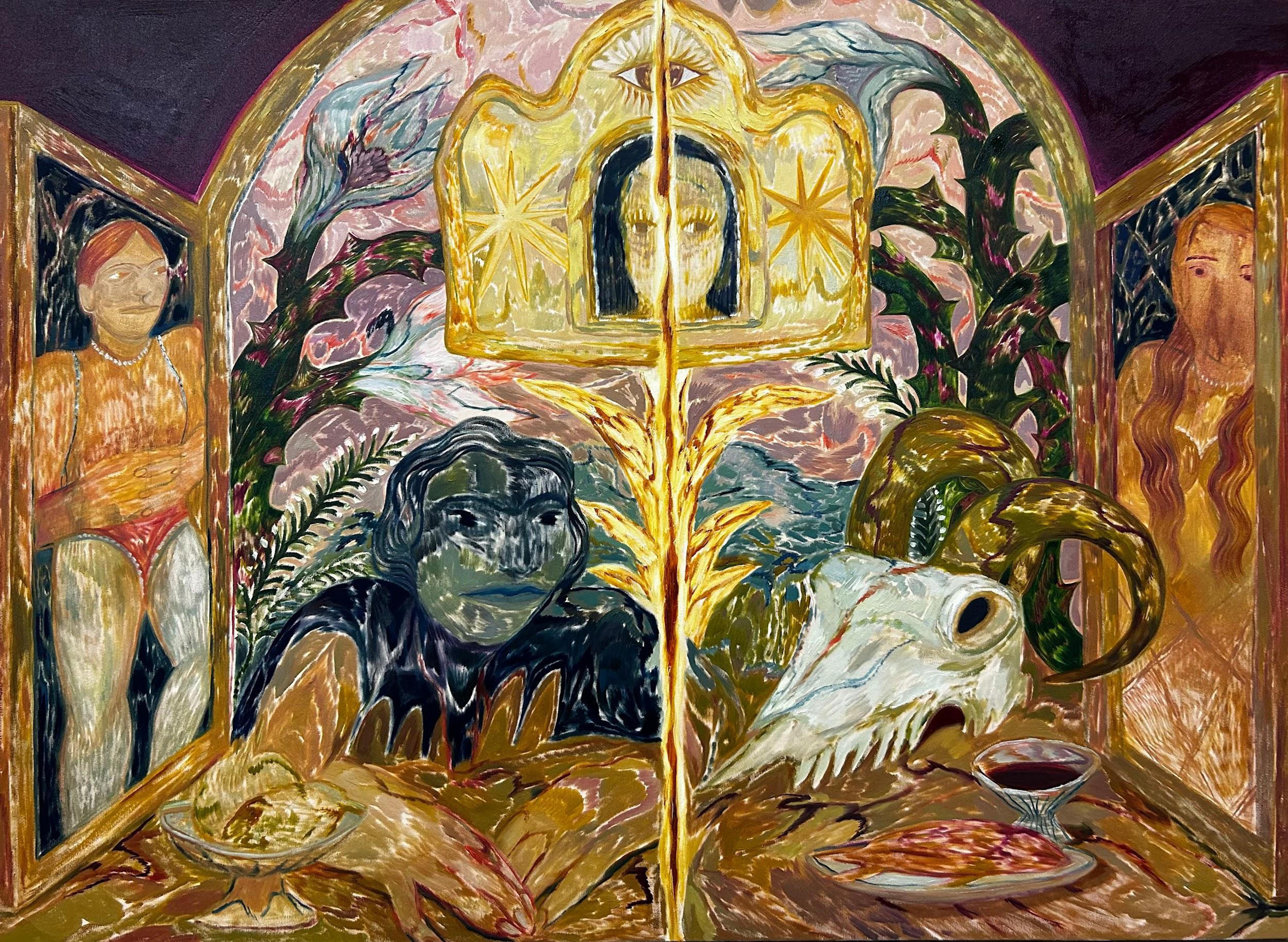 The Shrine of Gold: Surrealist Oil Painting on Canvas, Framed