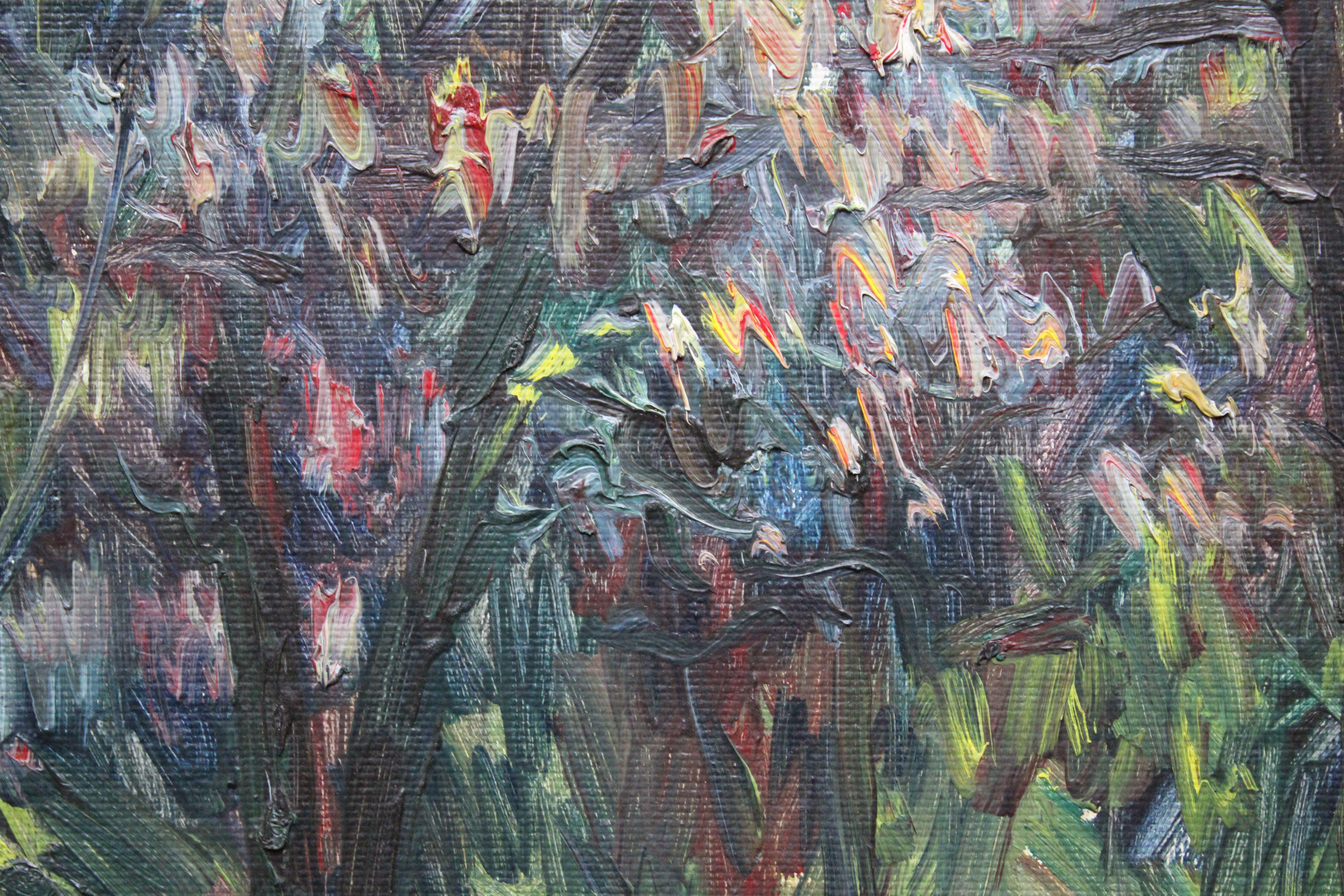 Forêt. 1982. Carton, huile, 33x46 cm - Gris Abstract Painting par Ruta Steinerte