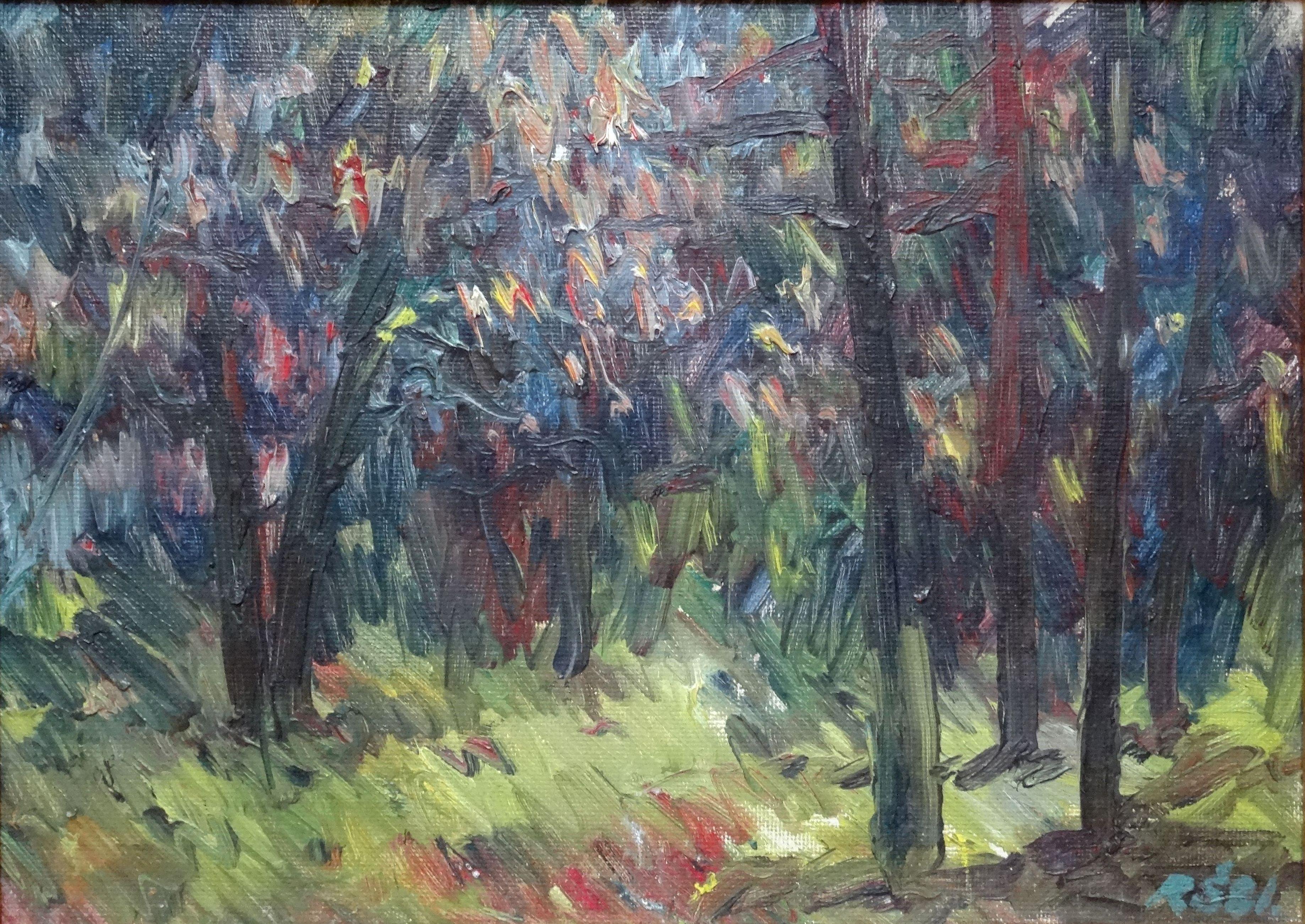 Ruta Steinerte Abstract Painting - Forest. 1982. Cardboard, oil, 33x46 cm