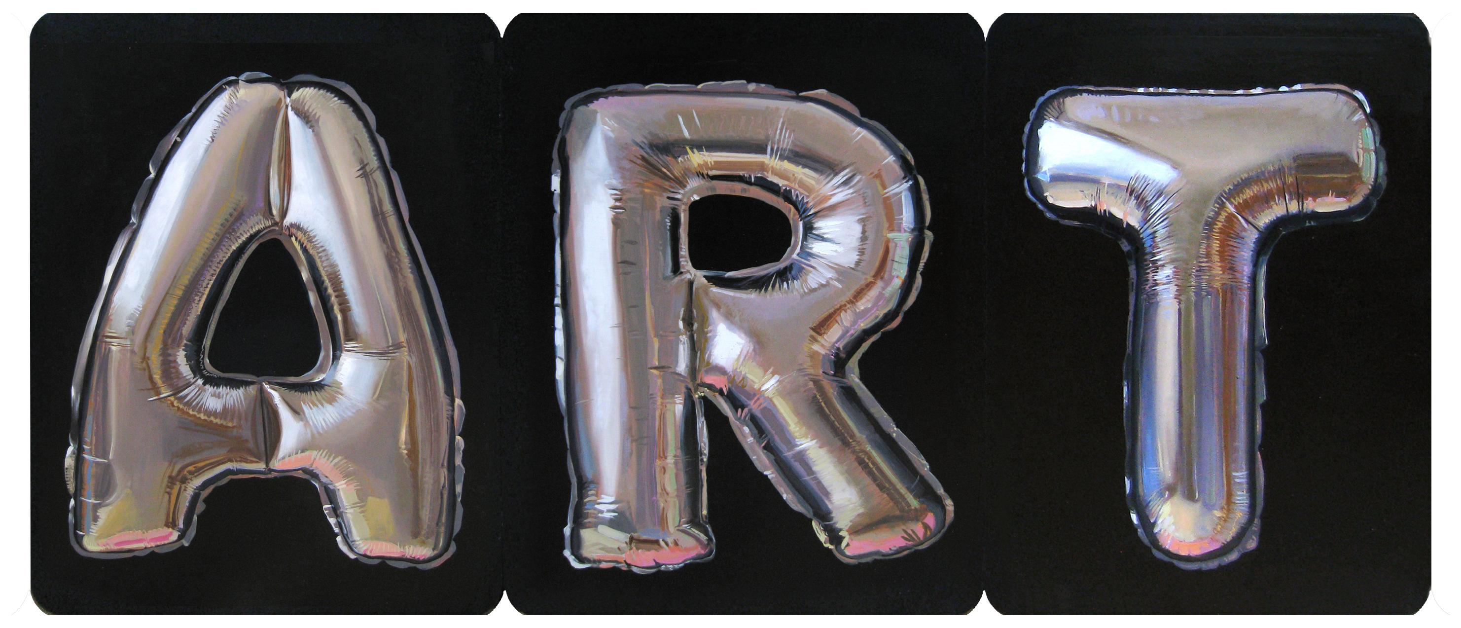 Versuchte Kunst-  Zeitgenössisches Stillleben des 21. Jahrhunderts mit Buchstabenballons
