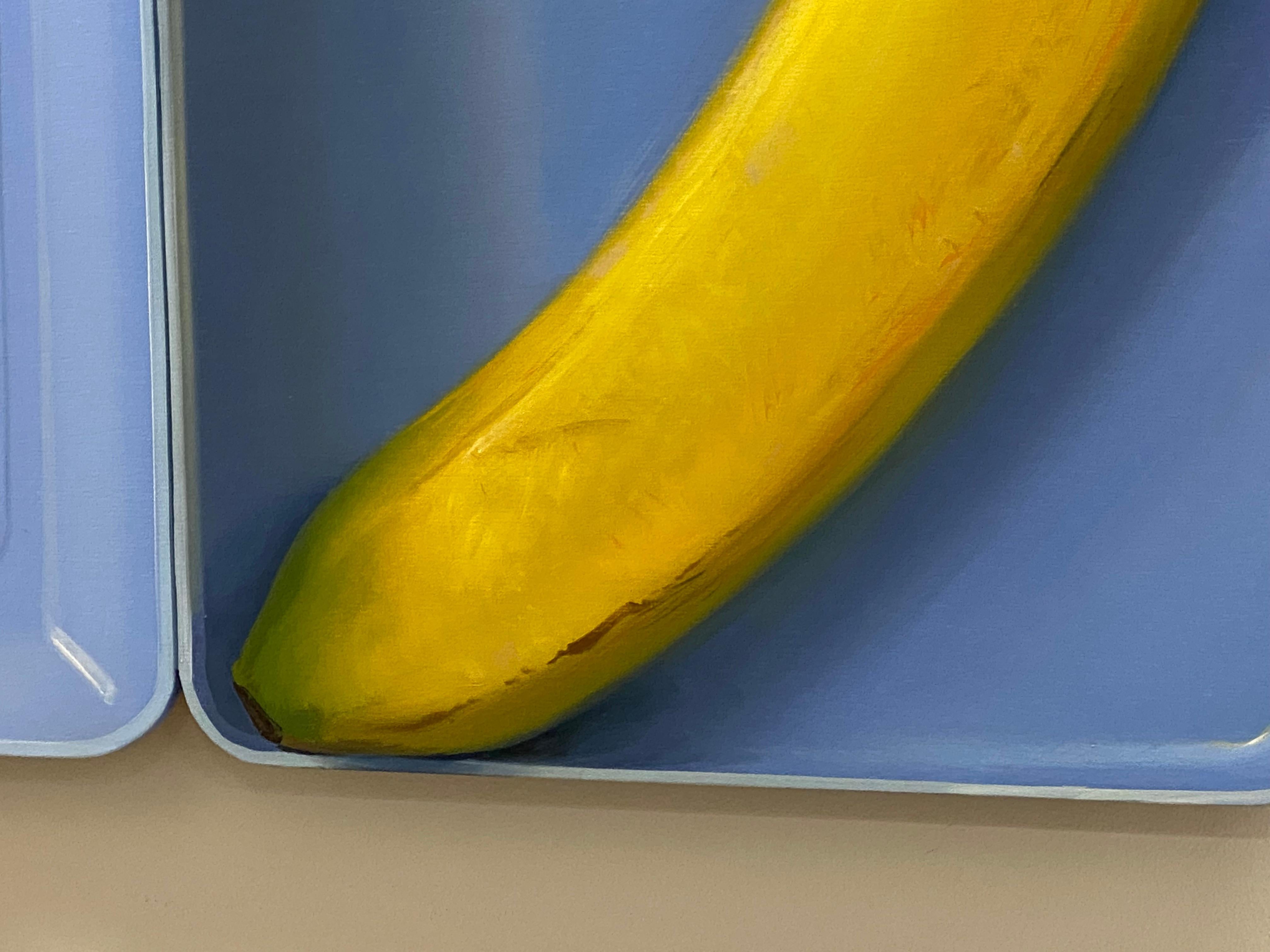 Banana in lunchbox- 21st Century Contemporary Still-life Painting of a banana 1