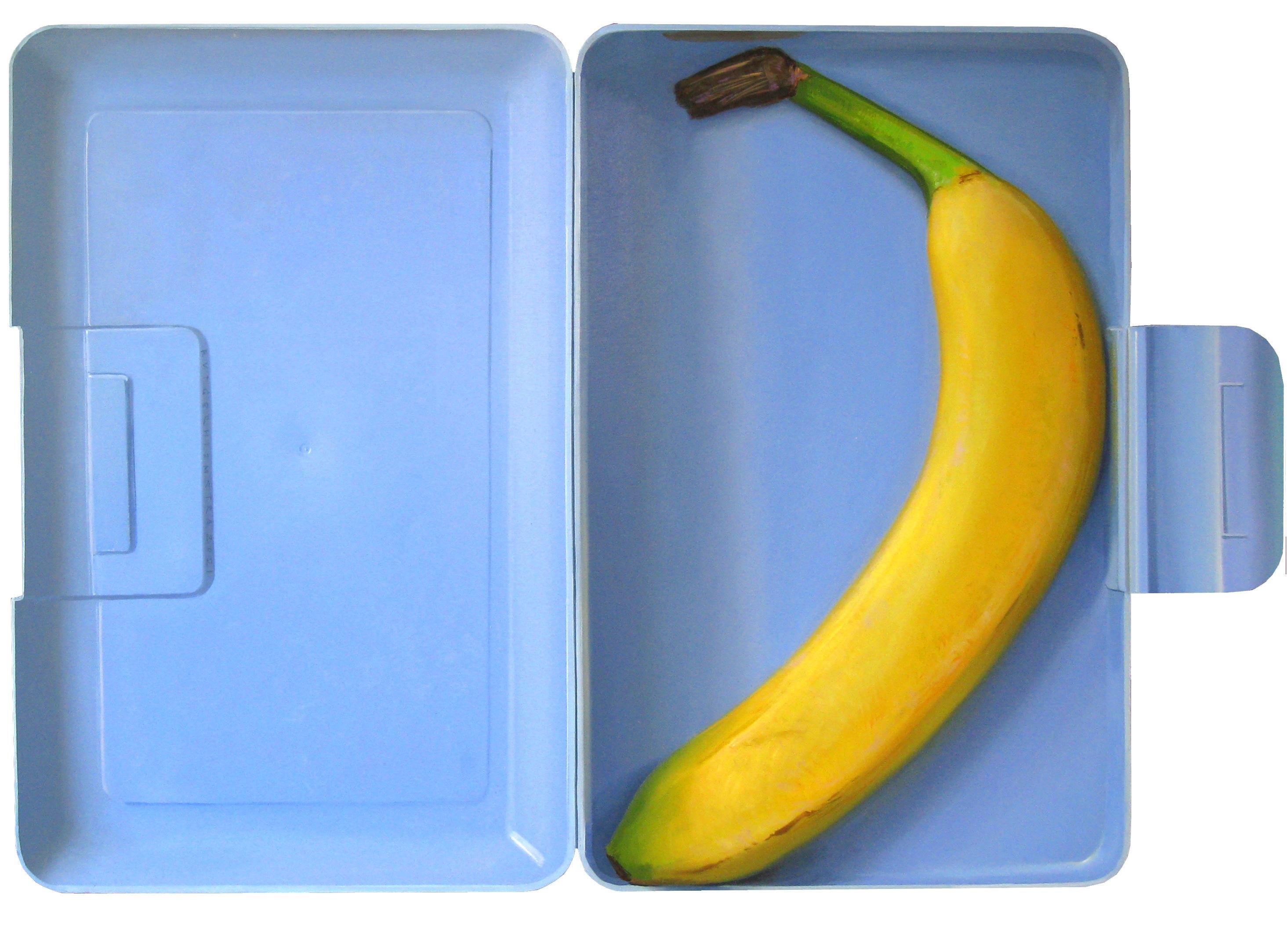 Rutger Hiemstra Still-Life Painting - Banana in lunchbox- 21st Century Contemporary Still-life Painting of a banana