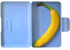 Banana in lunchbox- 21st Century Contemporary Still-life Painting of a banana