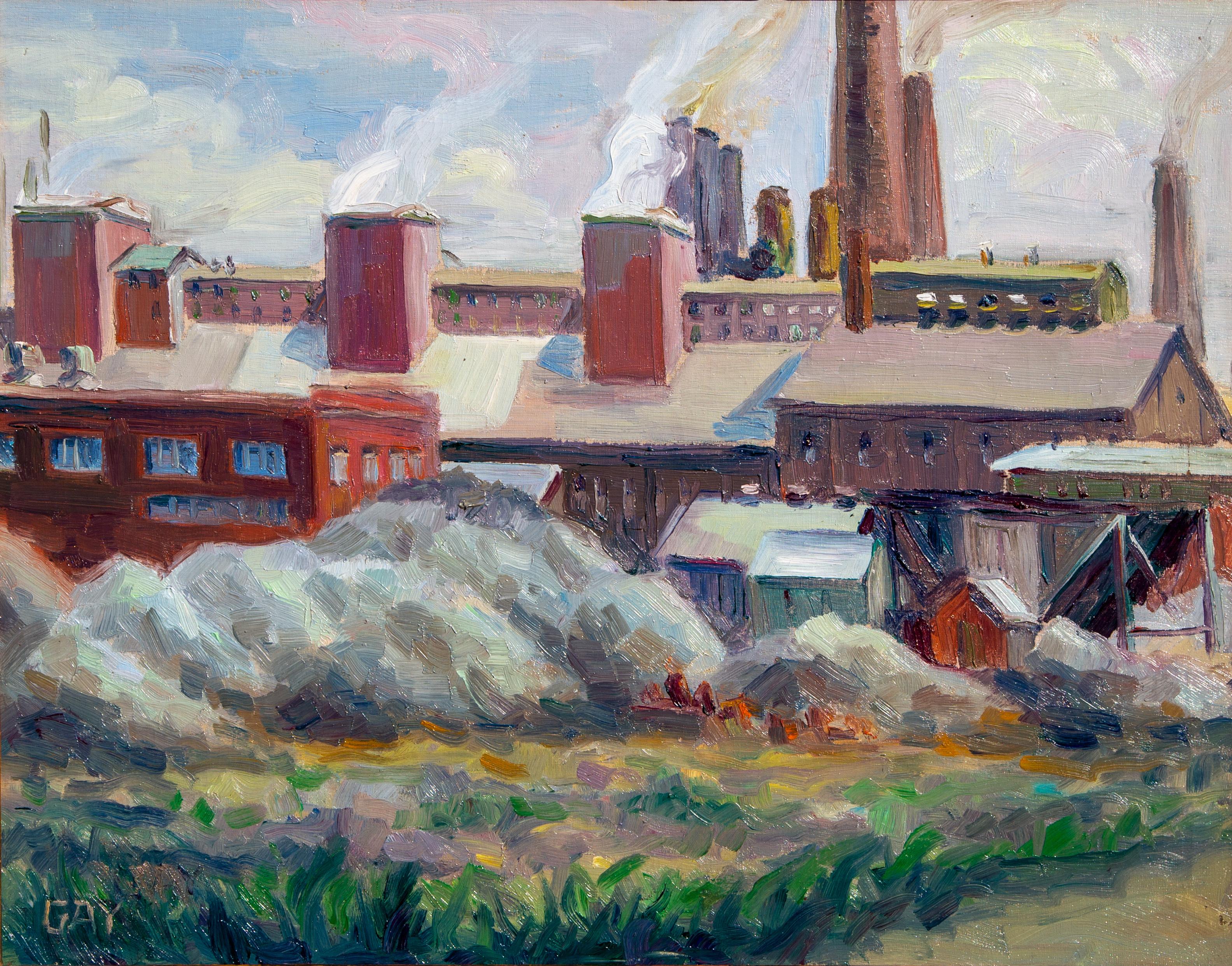 Buffalo, NY Steel Mill American Scene Modernism WPA Era Industrial 20th Century - American Modern Painting by Ruth A. Haven Gay