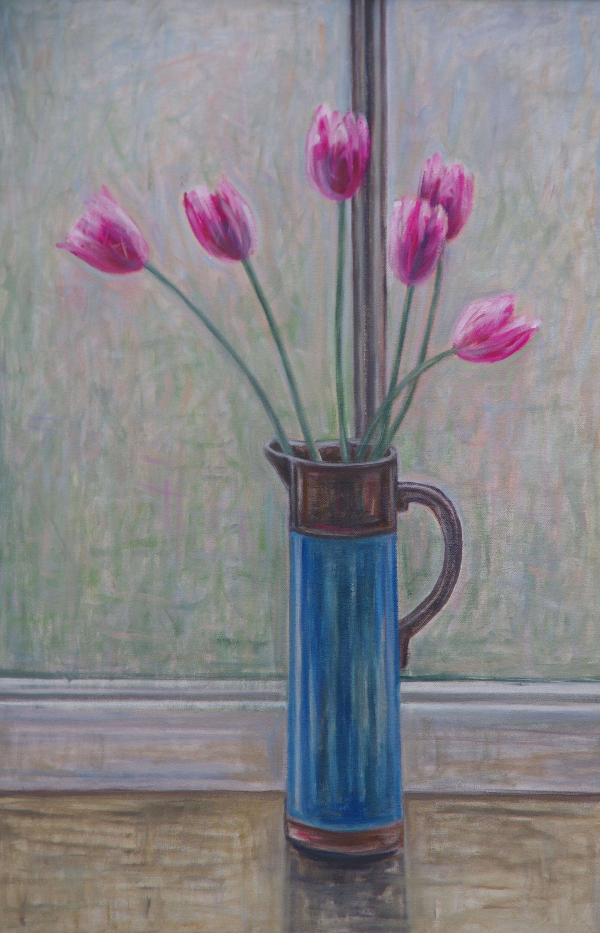 Ruth Addinall Interior Painting - Tulips In A Blue Jug. Contemporary Still Life Floral Painting