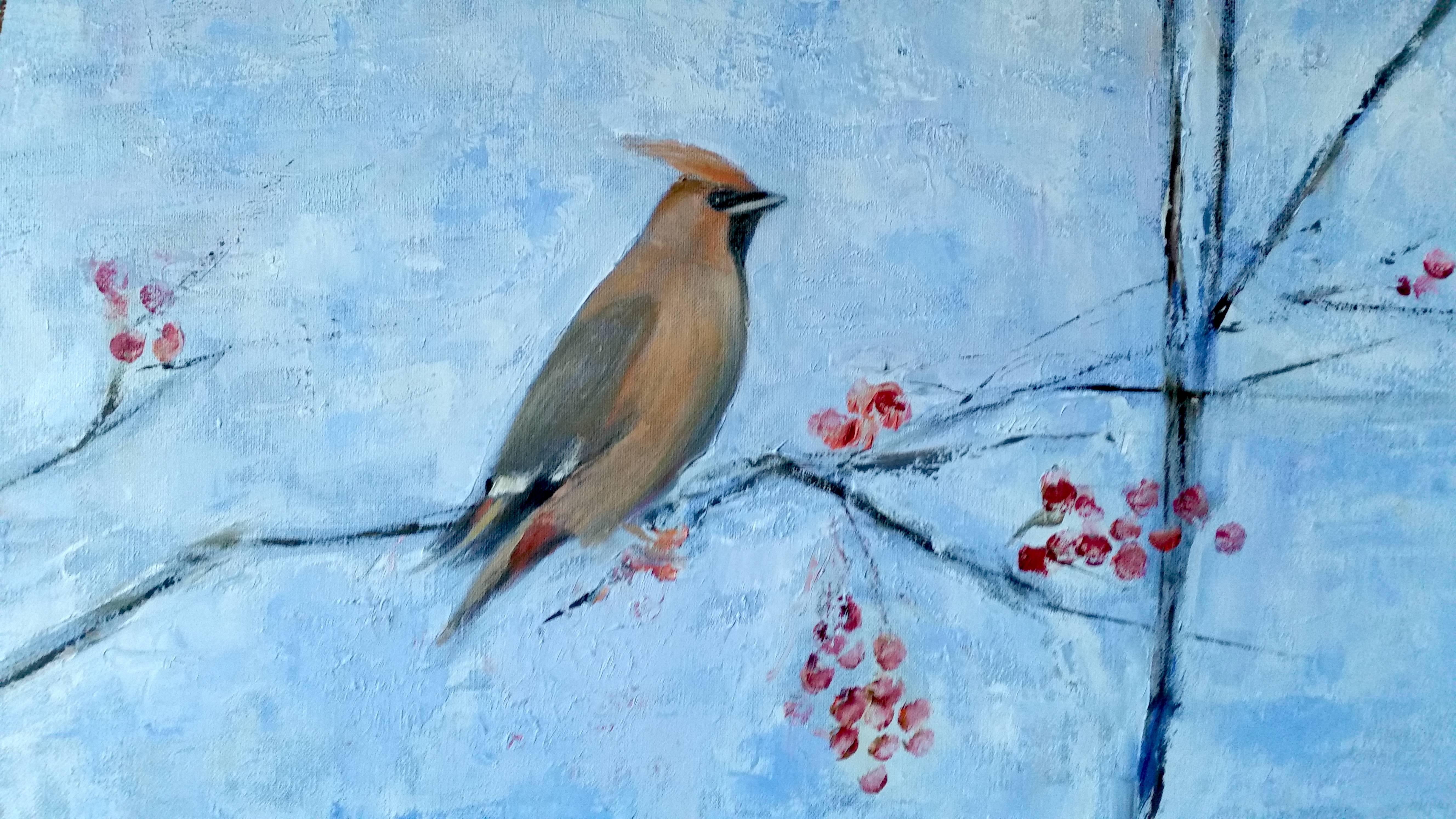 Ruth Addinall Animal Painting - Waxwing. Contemporary Oil painting