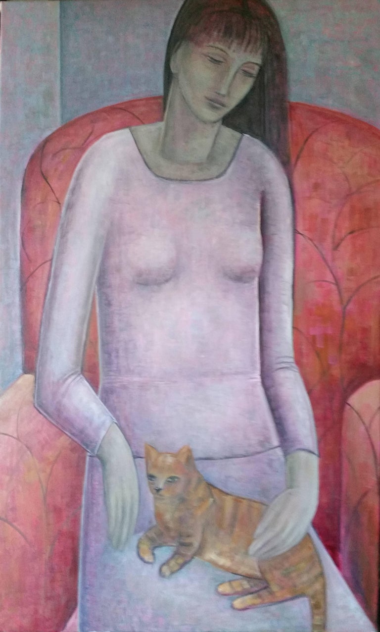 Ruth Addinall Animal Painting - Woman and Cat. Contemporary Figurative Oil Painting on Canvas