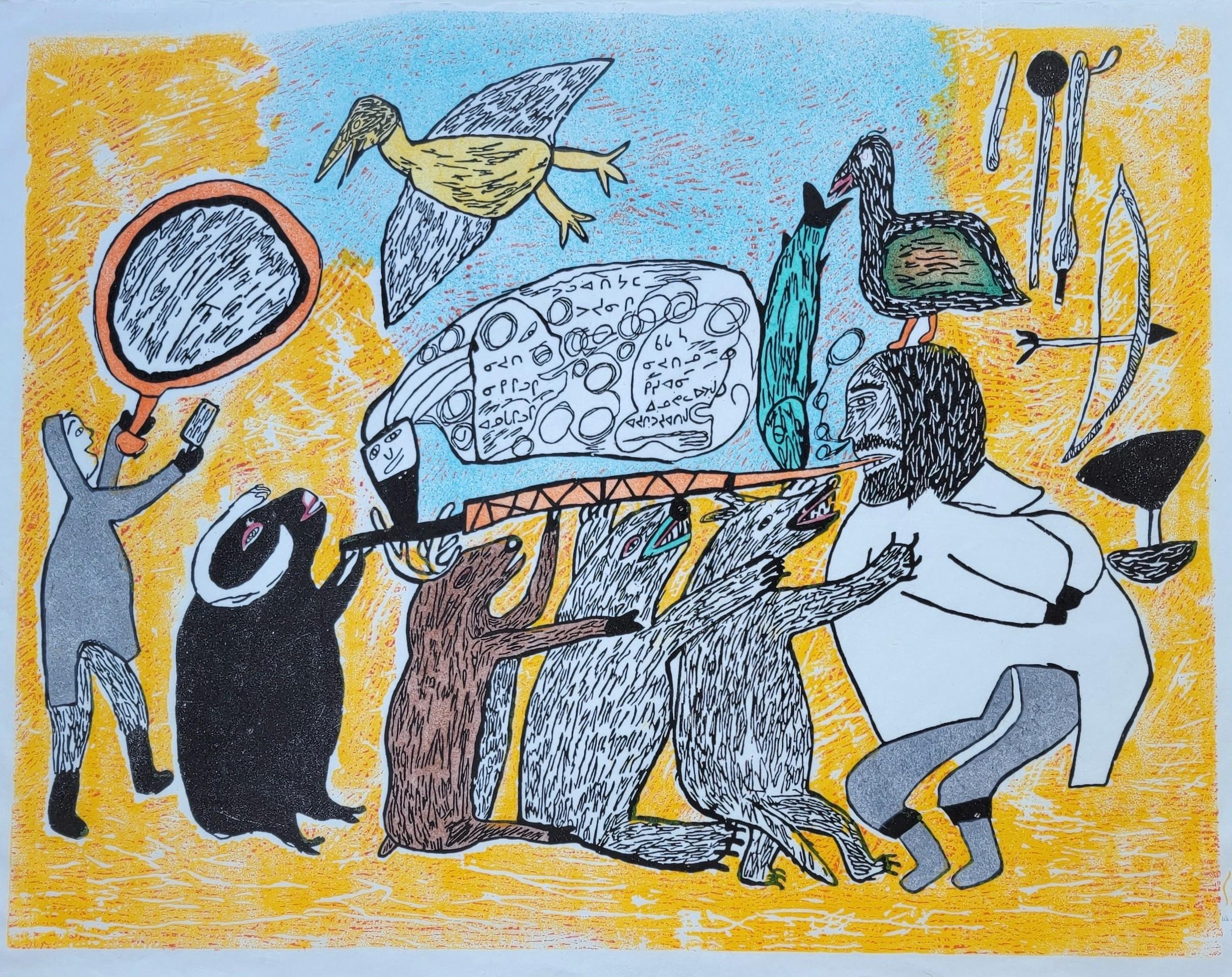 Ruth Annaqtuusi Tulurialik ( Inuit canadese, nata nel 1934)

Firmato: Annaqtuusi (in basso a destra)

e

Simon Tookoome (Inuit canadese, nato nel 1934)

Firmato: Tookoome (in basso a destra)

" We Lived By Animals ", 1975 (Titolo, in basso, a