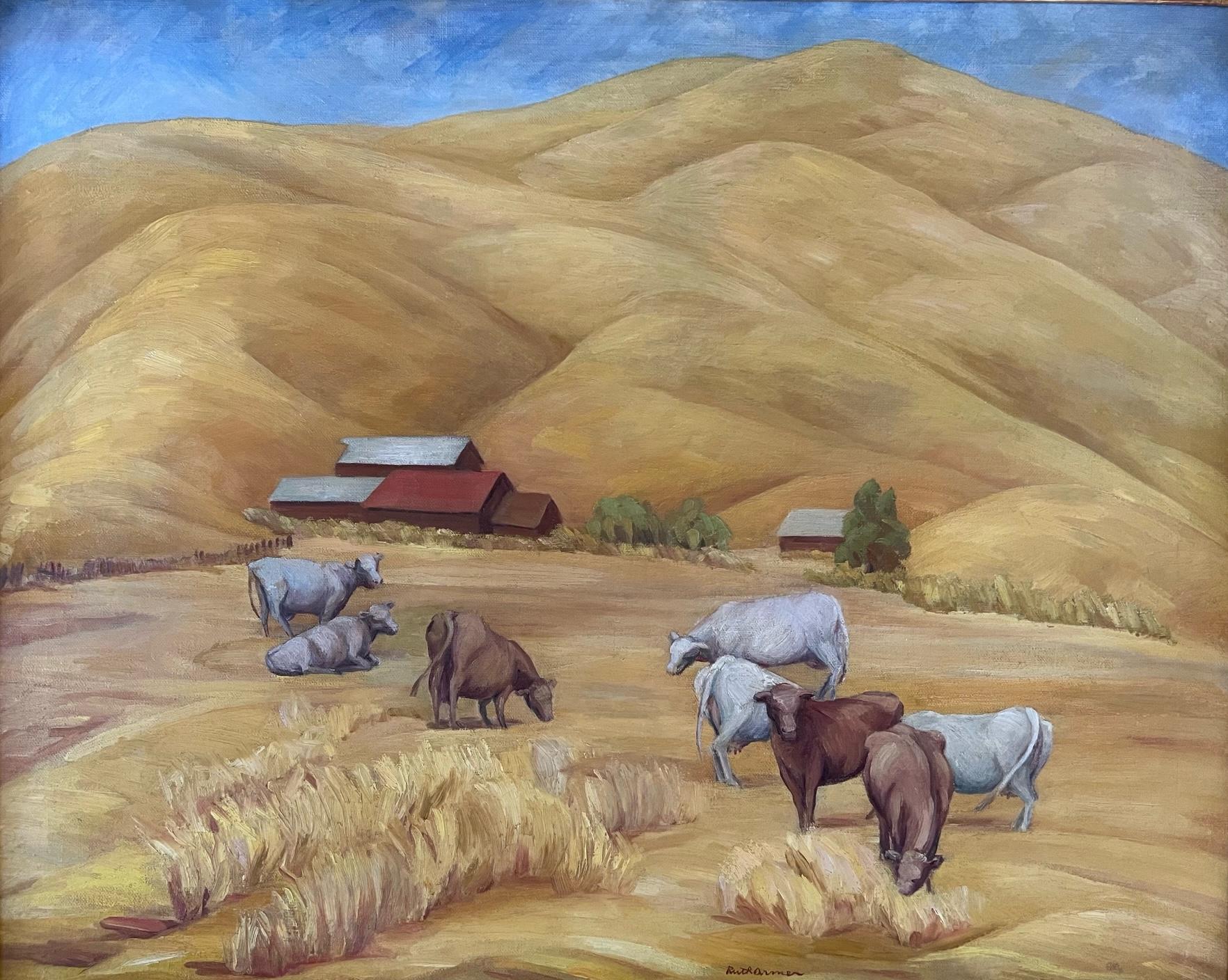 Ruth Armer Landscape Painting – Landschaft mit Kühen