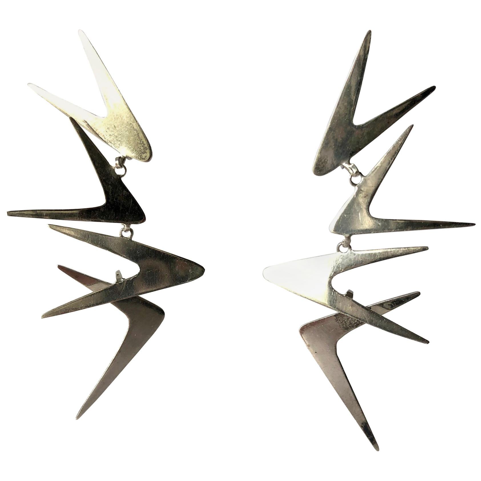 Ruth Berridge Sterling Silver Dangling Boomerang Modernist Mobile Earrings