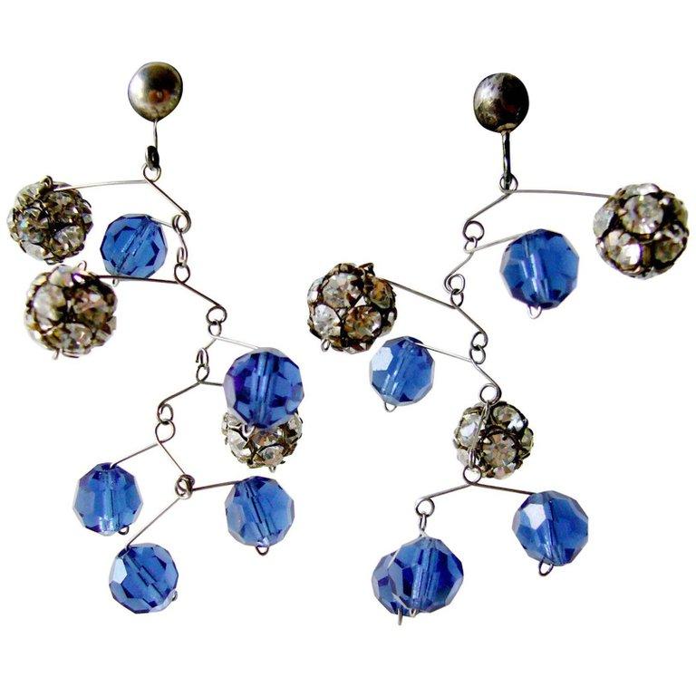 Handmade mid century modernist mobile earrings created by Ruth Berridge of New York City, New York.  Earrings are made of the finest sterling silver wire, rhinestone and faceted glass round beads and measure 2.5