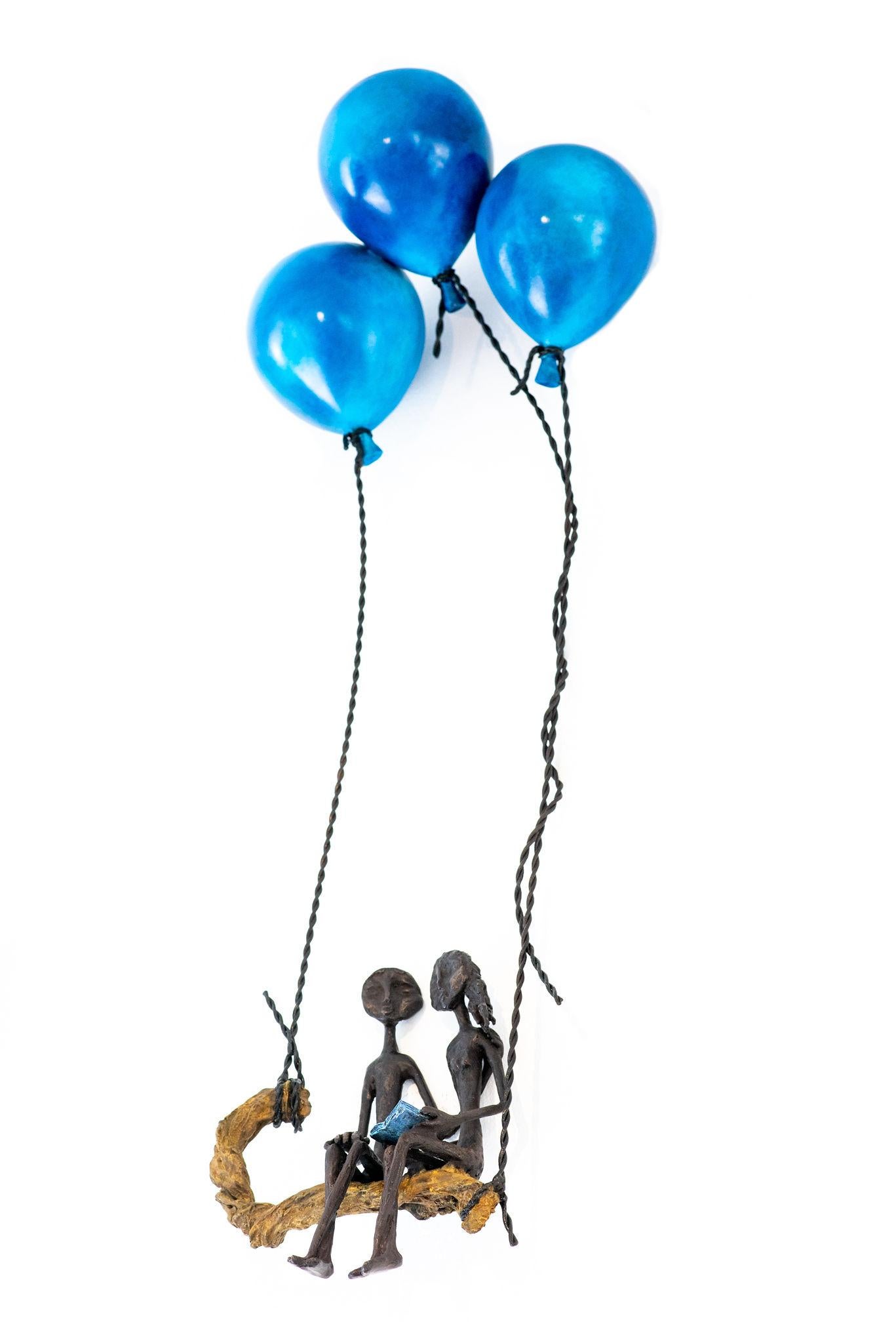 Ruth Bloch, Blossoming with 3 balloons, lovers or angels,Bronze sculpture 