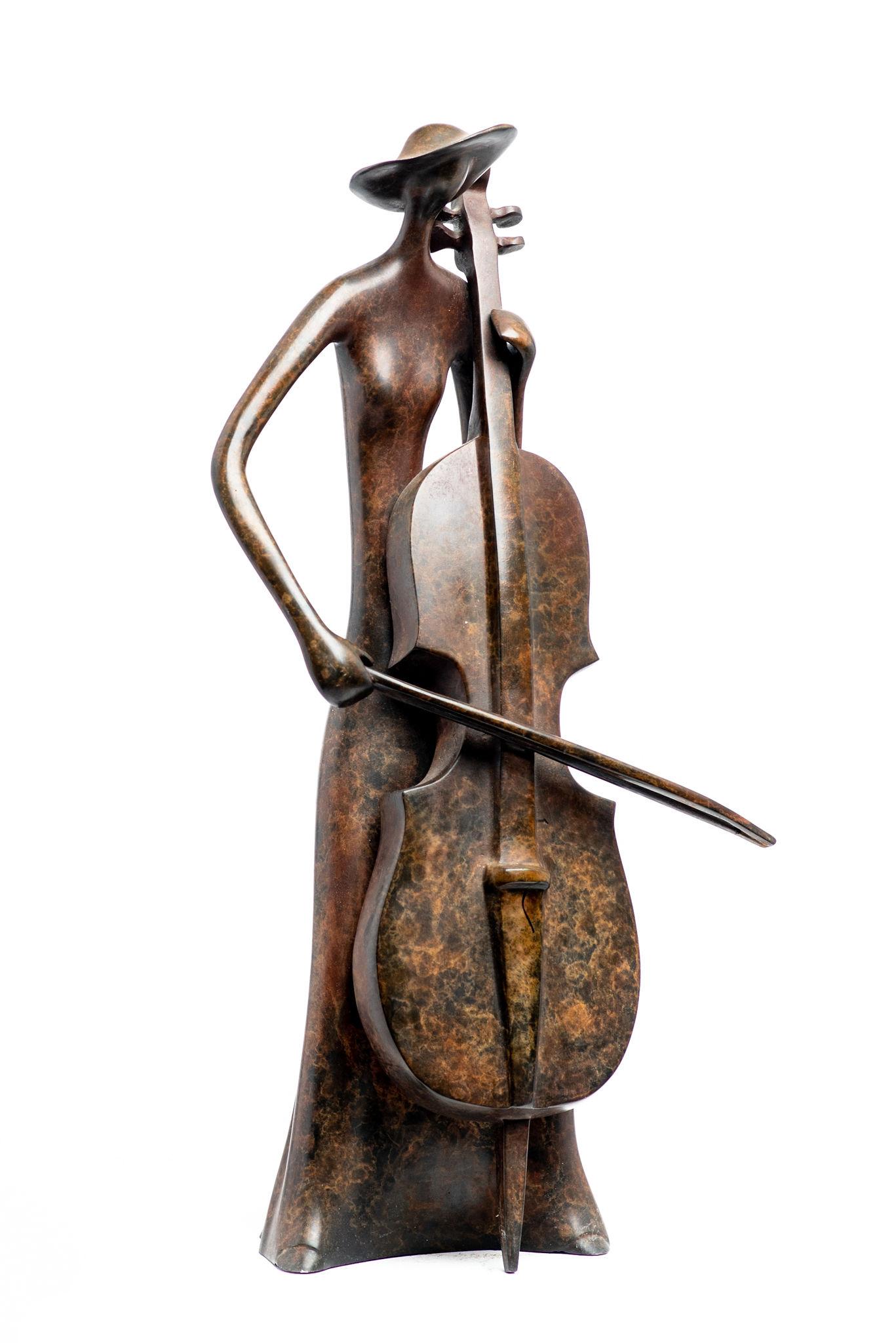 Ruth Bloch, violoncelliste, sculpture en bronze, instrument de musique, Cello, sculpture d'extérieur, thème classique, artiste international, artiste israélien, art israélien