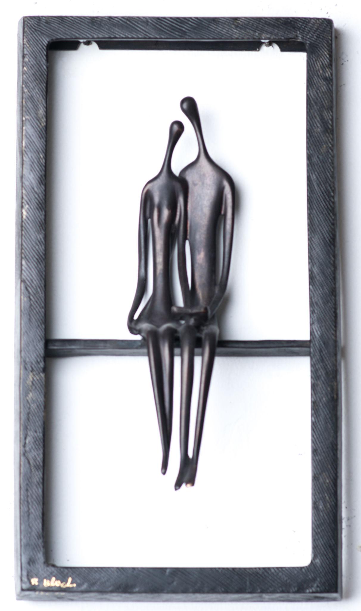 Ruth Bloch, Couple in a window, wall sculpture, Bronze sculpture, two nude figures with a book, classic figures, couple in love, Israeli art , Israeli artist, art