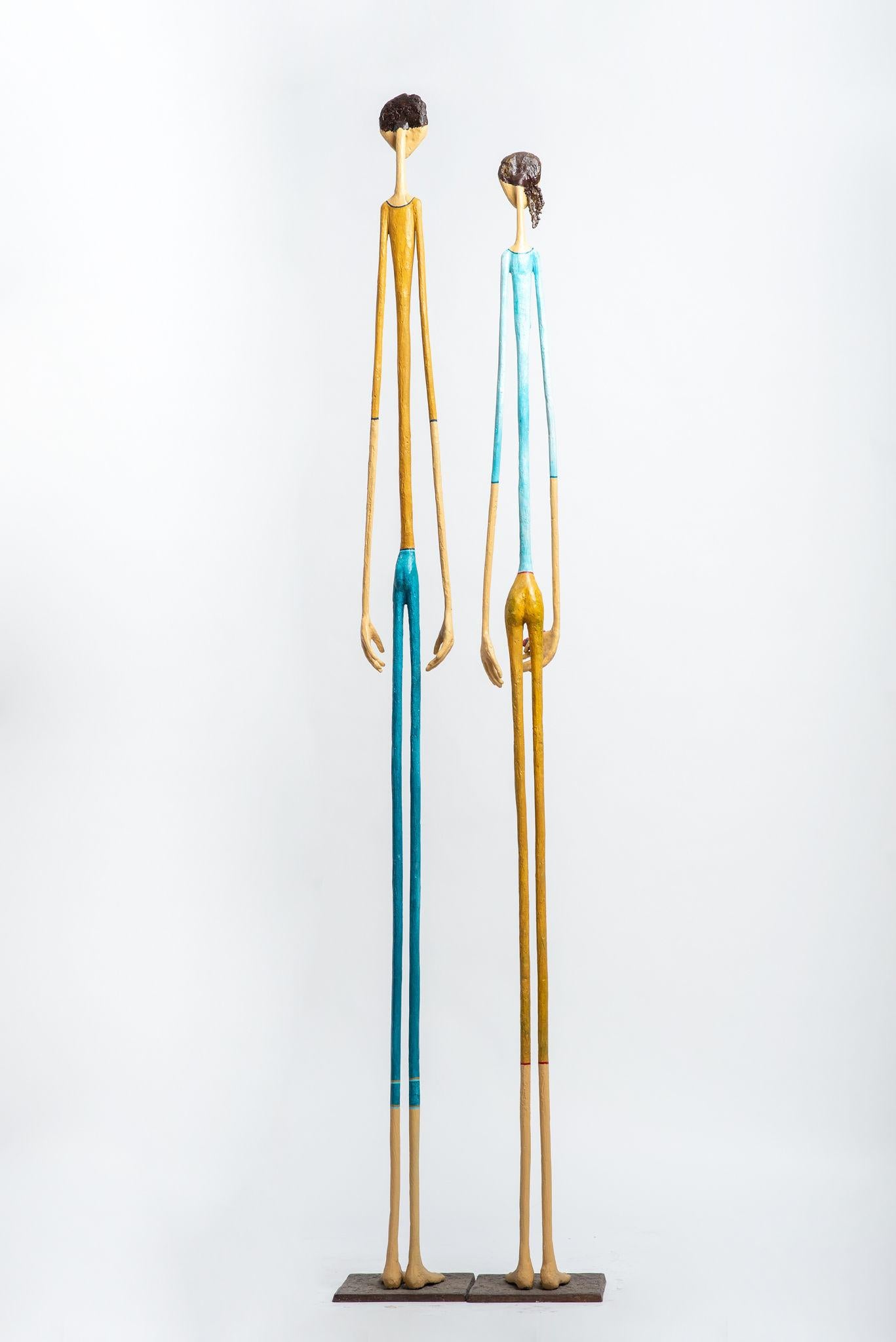 Ruth Bloch, Long Figures, couple hand-painted sculptures For Sale 1
