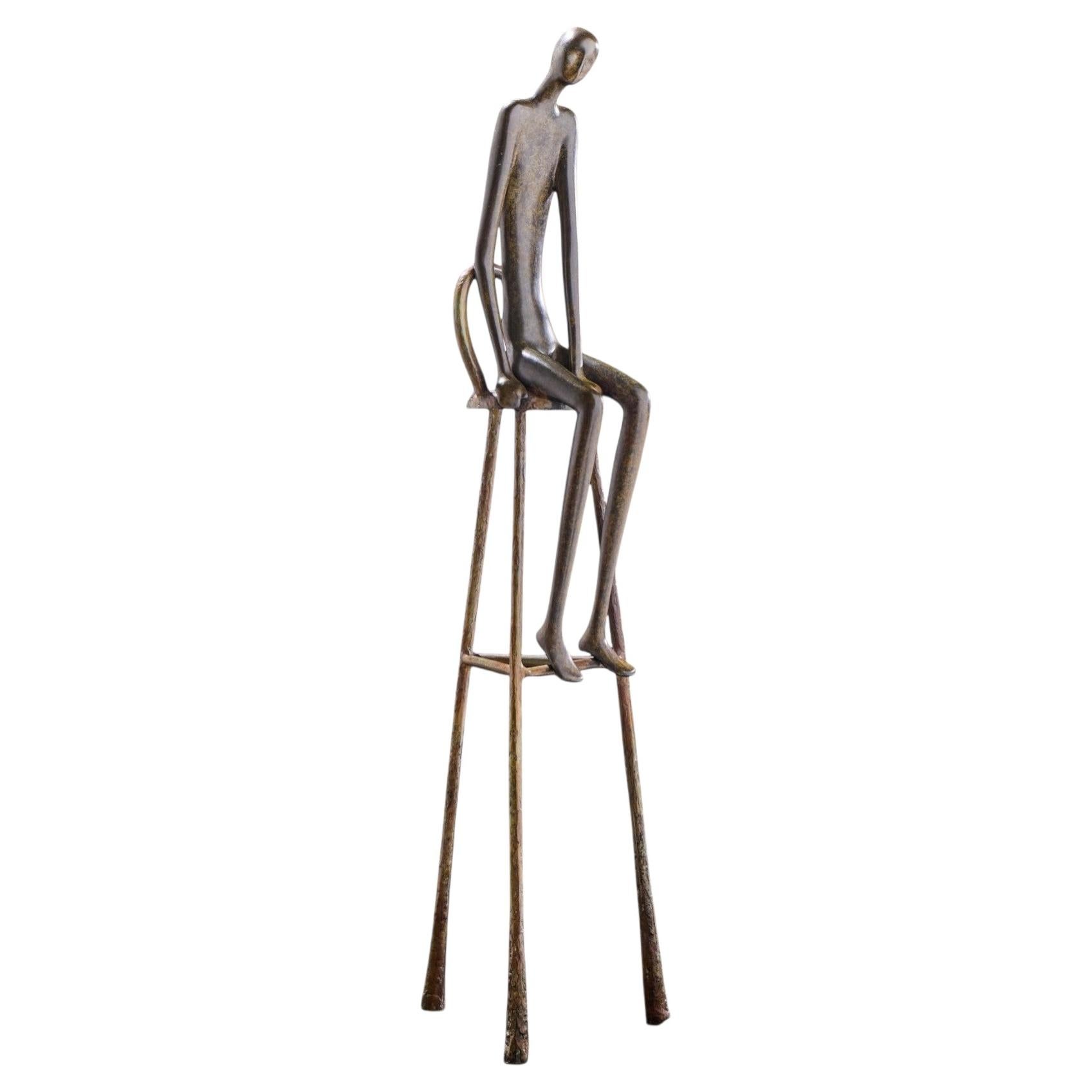 Ruth Bloch Signed 4/15 Israeli Man on Stool Bronze Sculpture For Sale