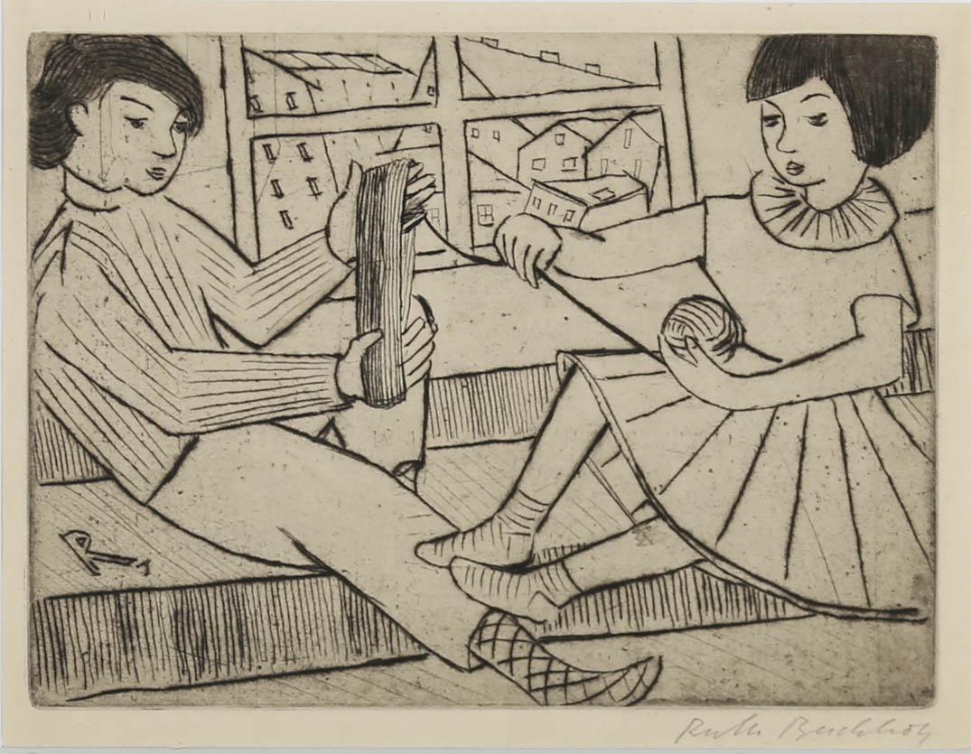 A charmingly naive mid Century etching showing two children sitting in a window, winding yarn into a ball. The comfortable nature with which the girl rests her feet on the boys leg and their shoeless feet with stripy socks, adds wonderful