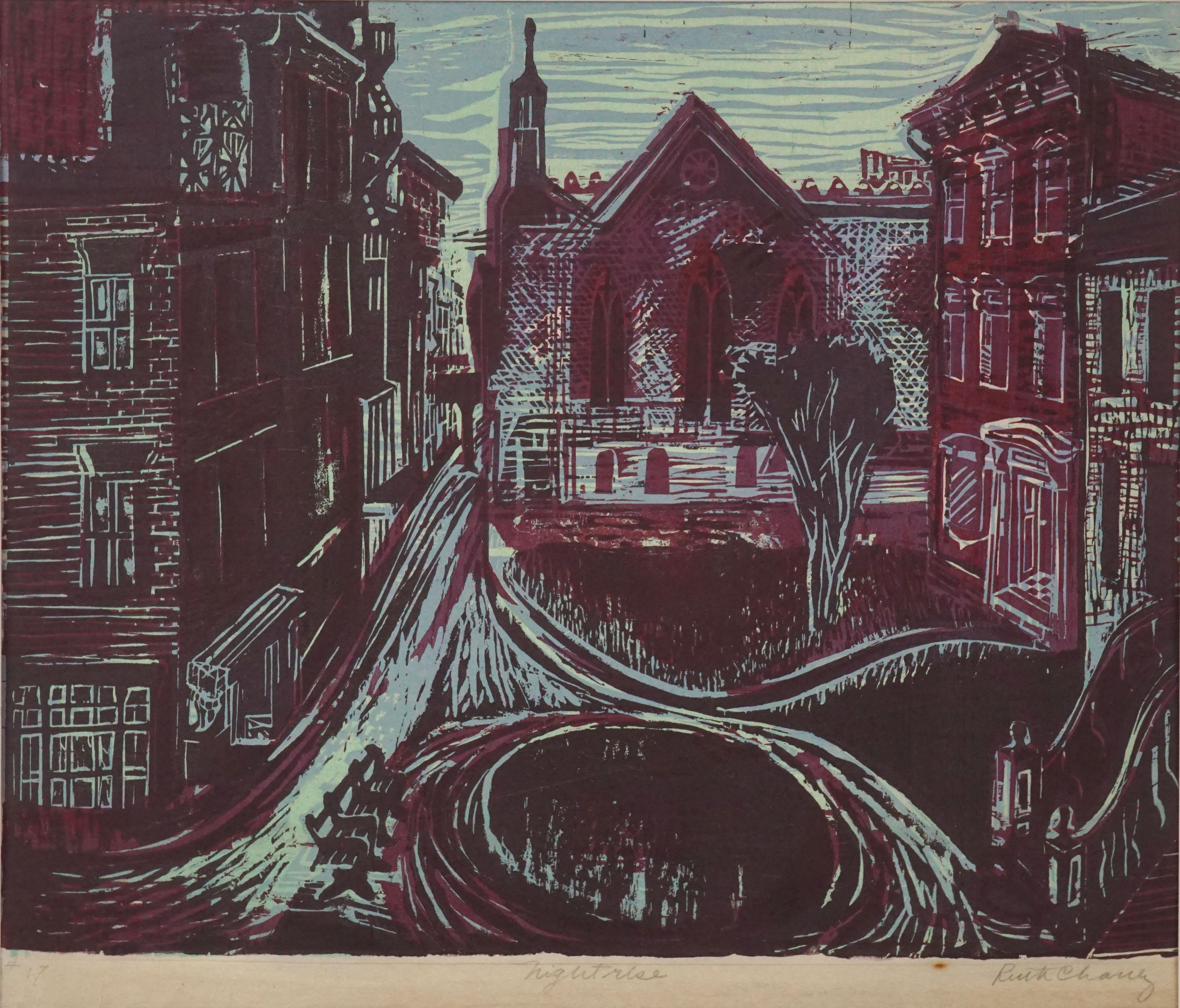 Œuvres publiques « Nightrise », gravure sur bois en couleur - Print de Ruth Chaney