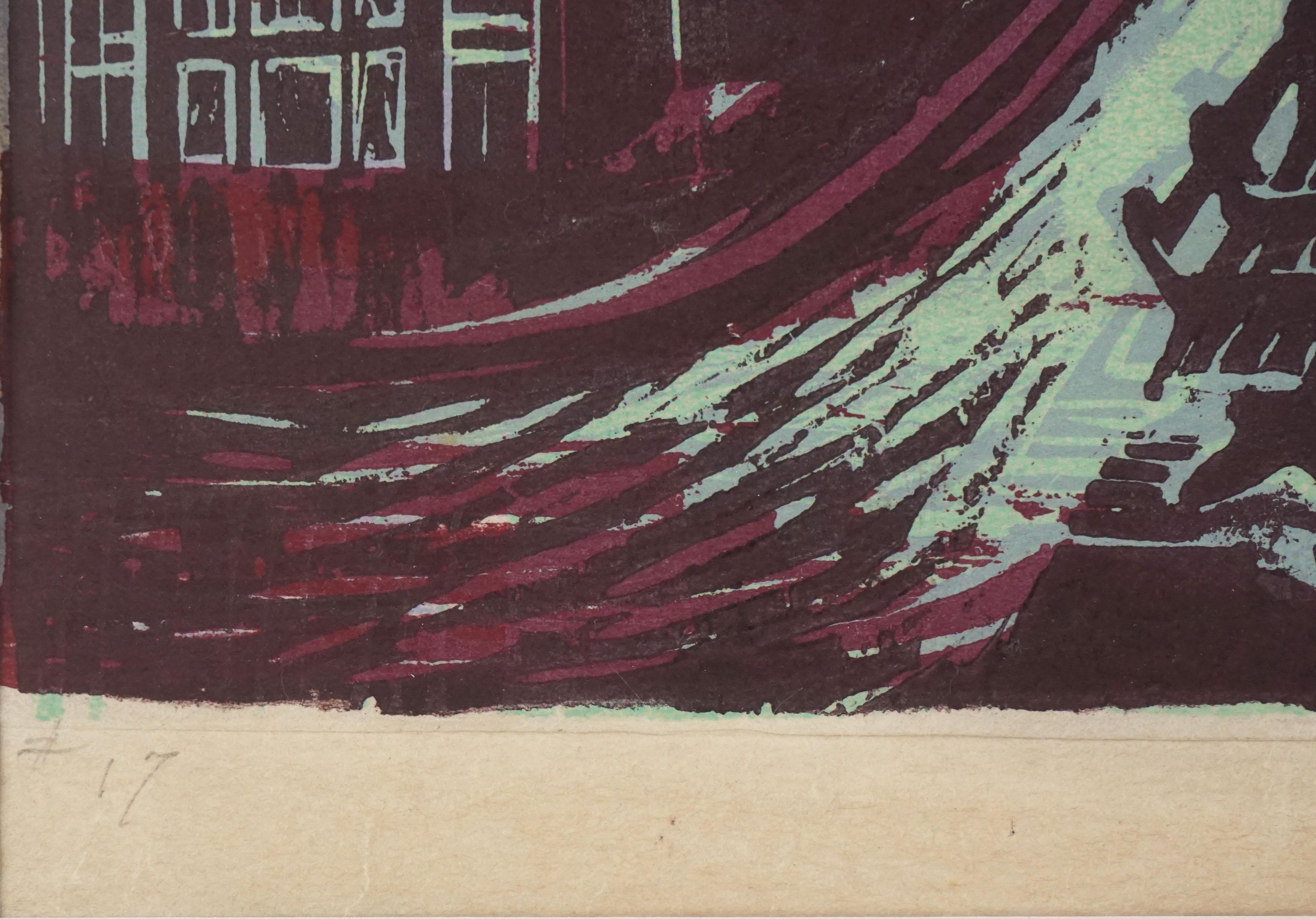 Œuvres publiques « Nightrise », gravure sur bois en couleur - Beige Landscape Print par Ruth Chaney