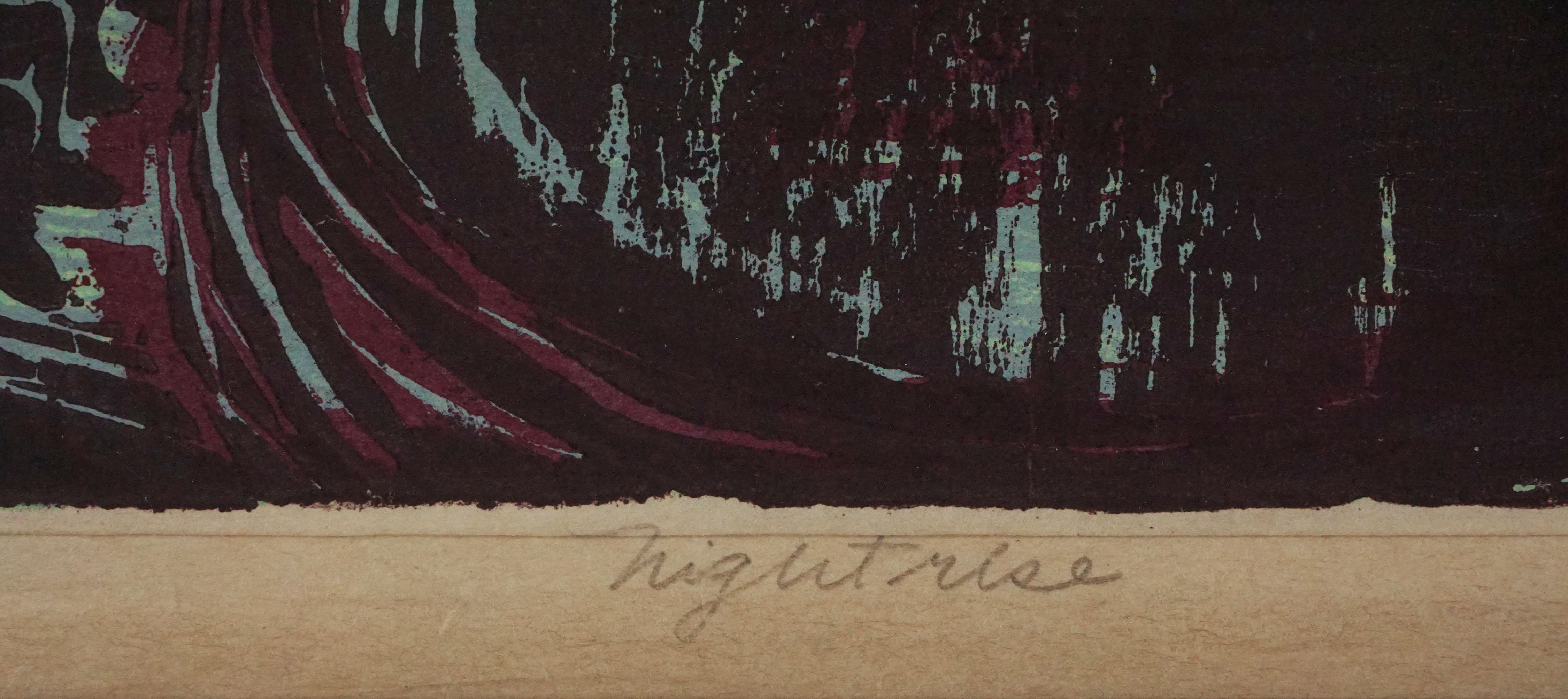 Sérigraphie audacieuse sur bois de Ruth Chaney (Américaine, 1908-1973). Numéroté (#17), titré, signé et daté le long du bord inférieur. Le site  Le Smithsonian American Art Museum possède une édition de cette pièce qui fait partie de sa collection.