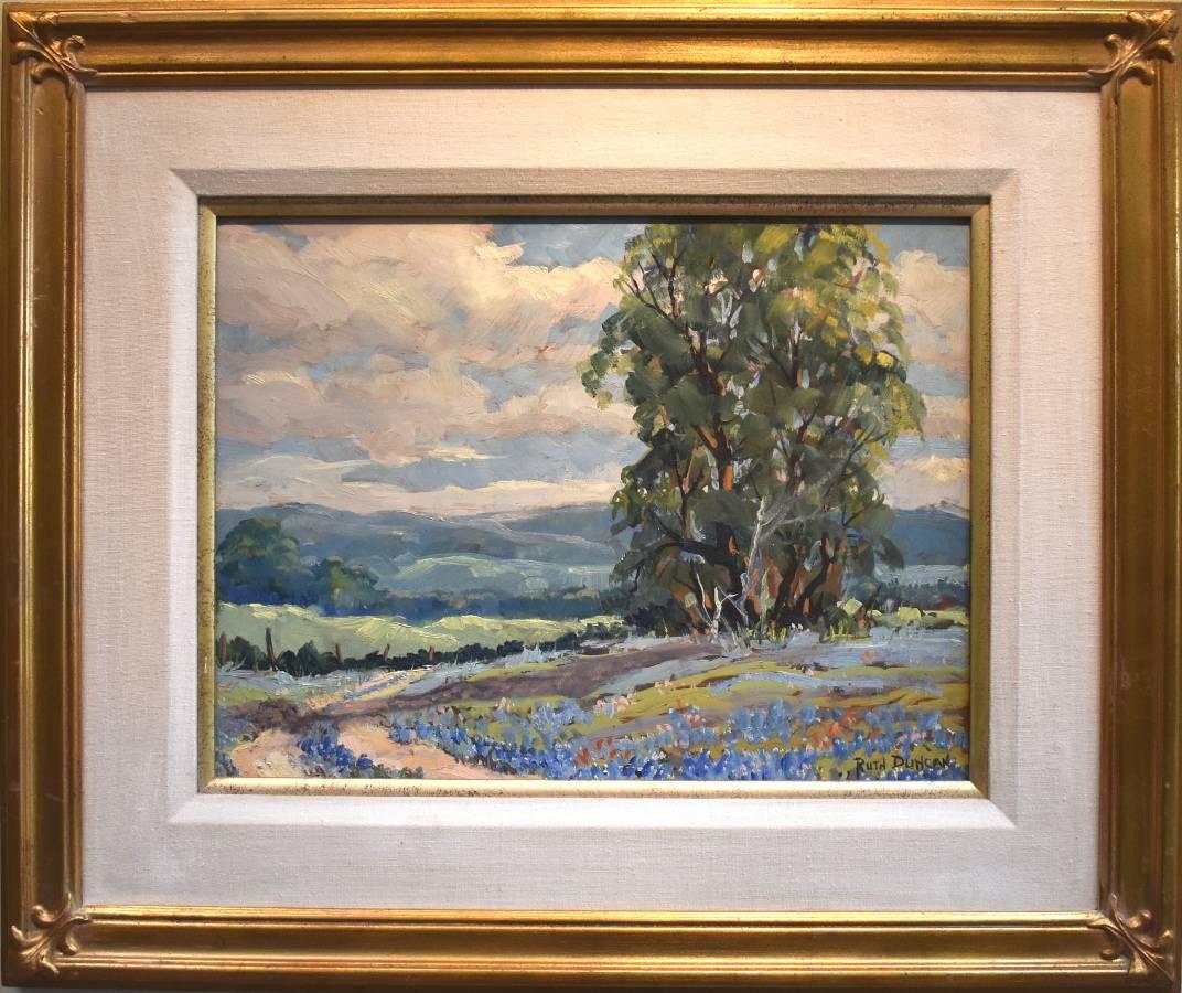 Ruth Duncan Landscape Painting - "BLUEBONNET"  TEXAS BLUEBONNETS BLUES W/AWESOME BRUSHWORK IN THE SKY HILLCOUNTRY