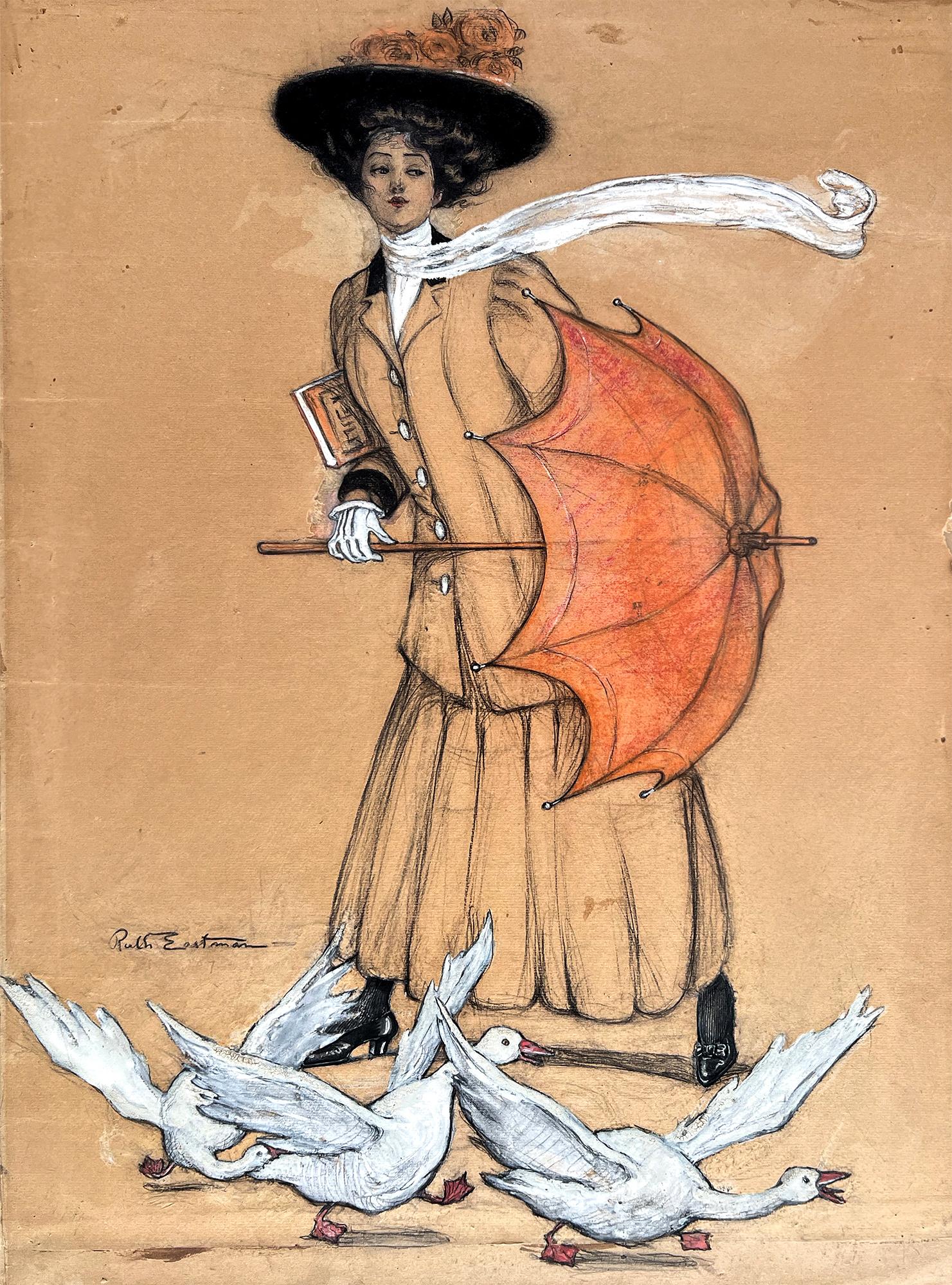 High Fashion Elegant Woman with Parasol Umbrella with Geese - Painting by Ruth Eastman