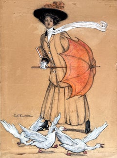 Haute couture élégante femme avec parasol et oiseaux