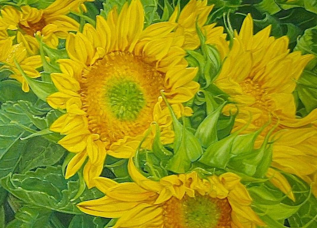Faces in the Crowd: Ölgemälde auf Leinwand mit Sonnenblumen – Painting von Ruth Epstein