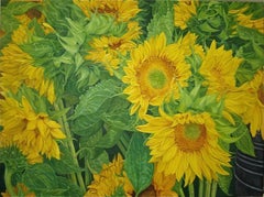 Volti nella folla : Pittura a olio su tela con girasoli