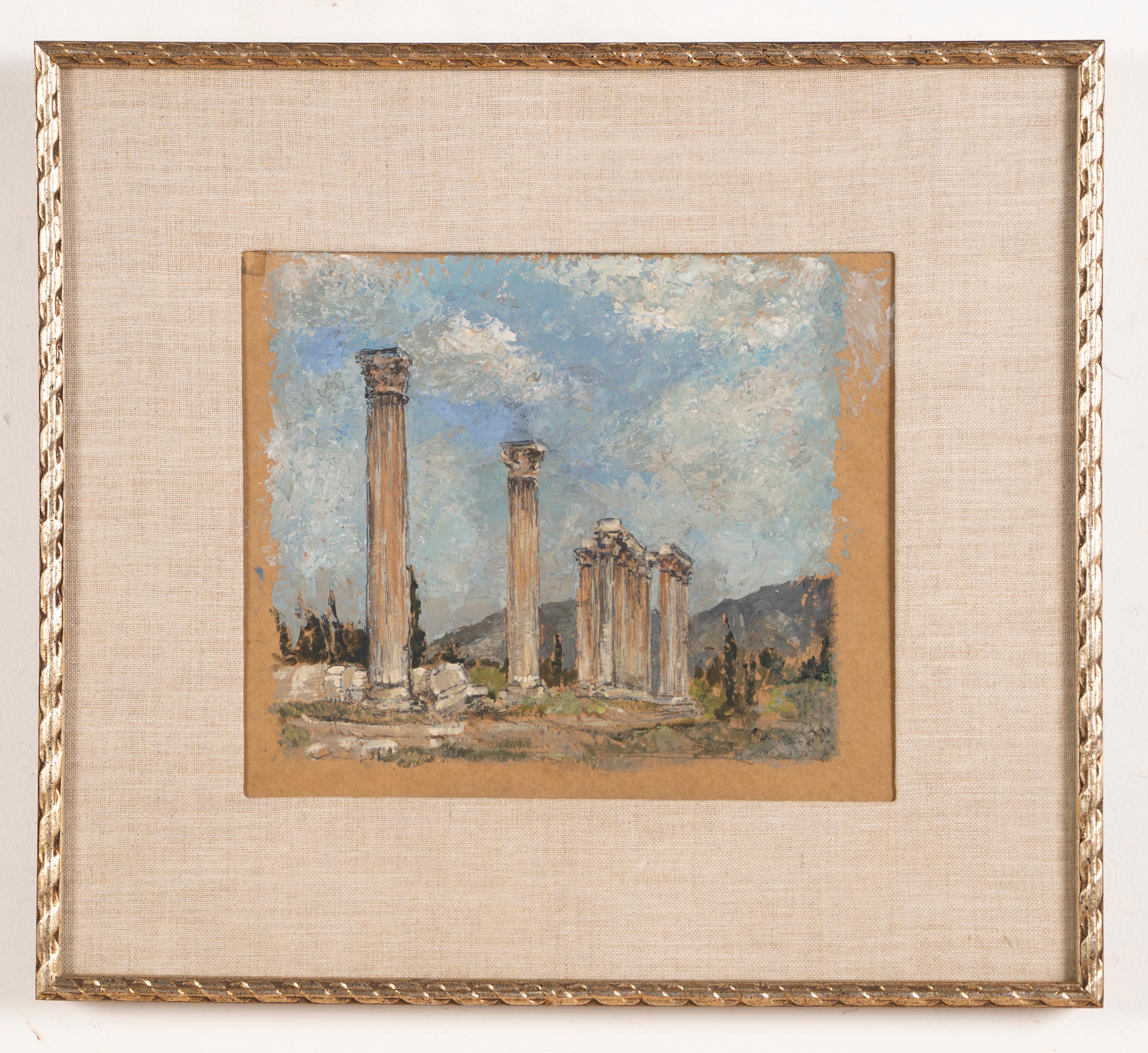 Ancienne peinture à l'huile de paysage grec à colonnes originale, anciennes ruines de maîtres anciens signées - Painting de Ruth Erb Hoffman