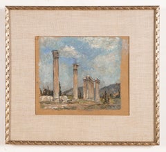Antique Old Master Ruins Signed Original Columns Greek Landscape Oil Painting