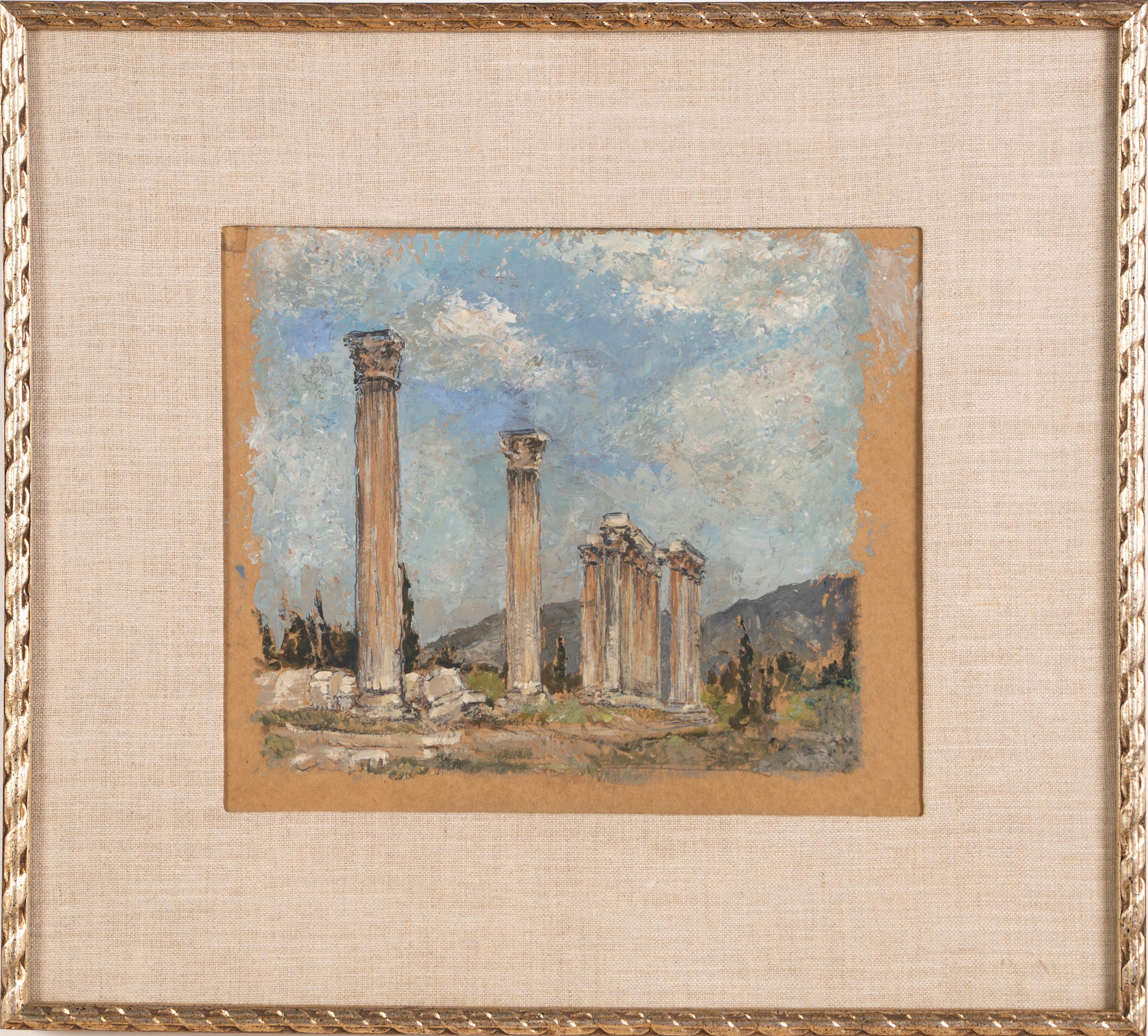 Ancienne peinture à l'huile de paysage grec à colonnes originale, anciennes ruines de maîtres anciens signées - Impressionnisme Painting par Ruth Erb Hoffman