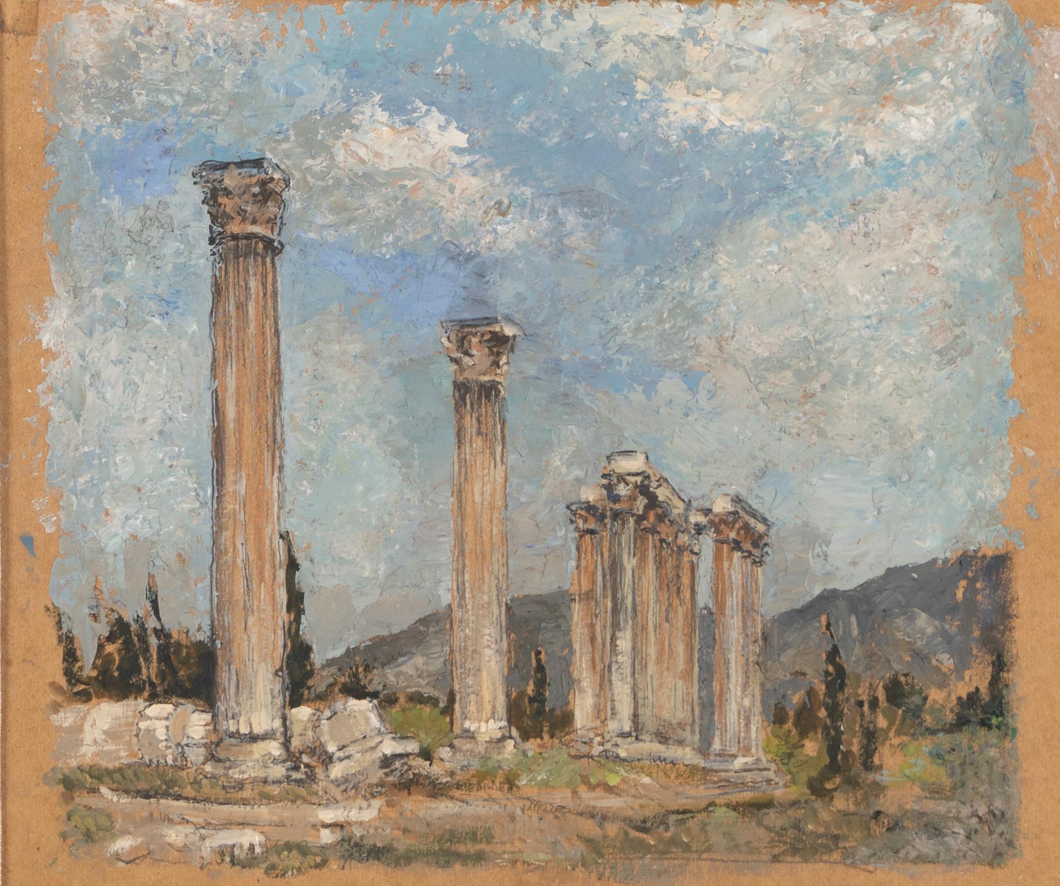 Ancienne peinture à l'huile de paysage grec à colonnes originale, anciennes ruines de maîtres anciens signées - Beige Landscape Painting par Ruth Erb Hoffman
