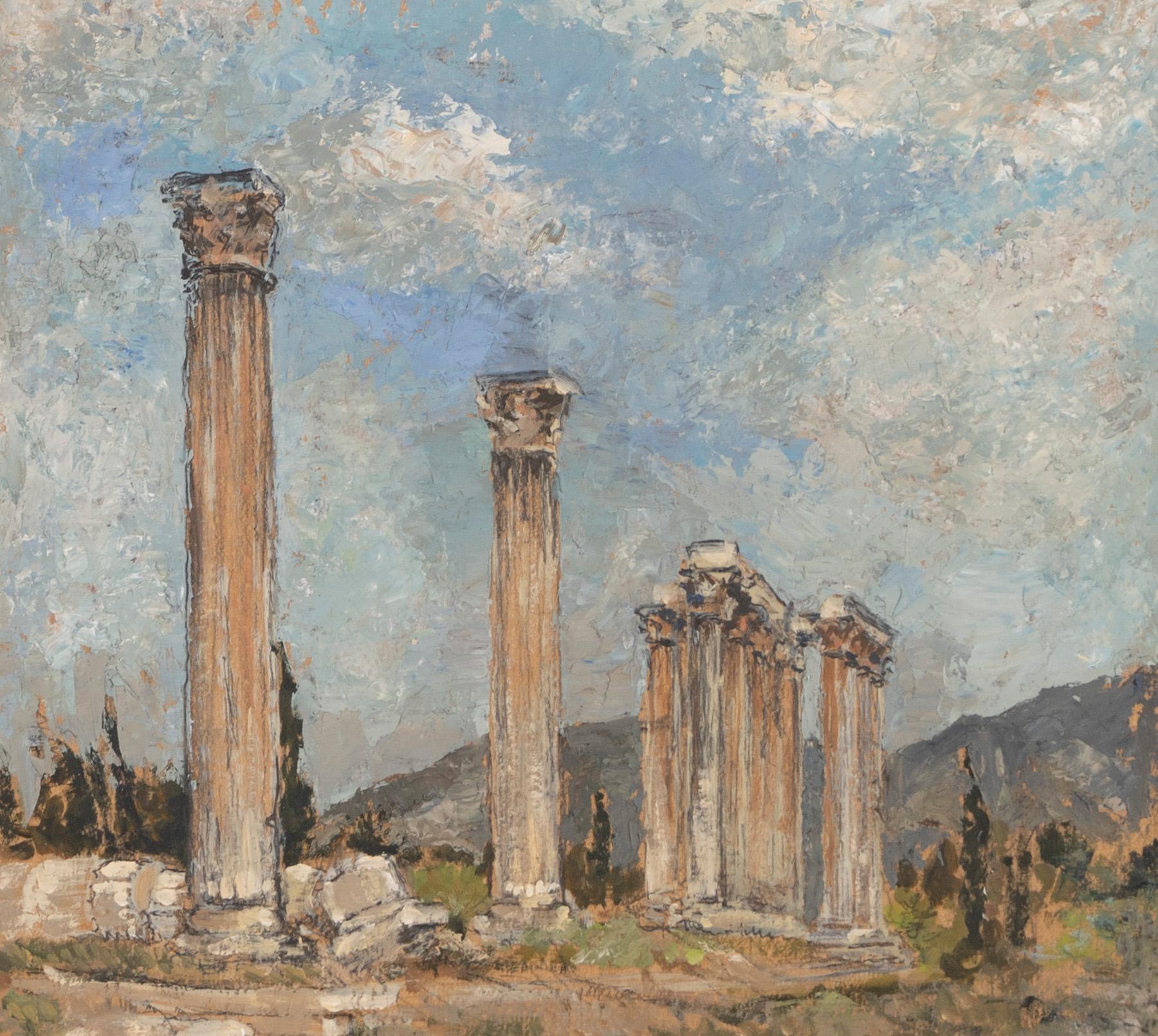 Ancienne peinture à l'huile de paysage grec à colonnes originale, anciennes ruines de maîtres anciens signées 1