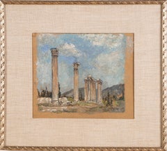 Antique Old Master Ruins Signed Original Columns Greek Landscape Oil Painting