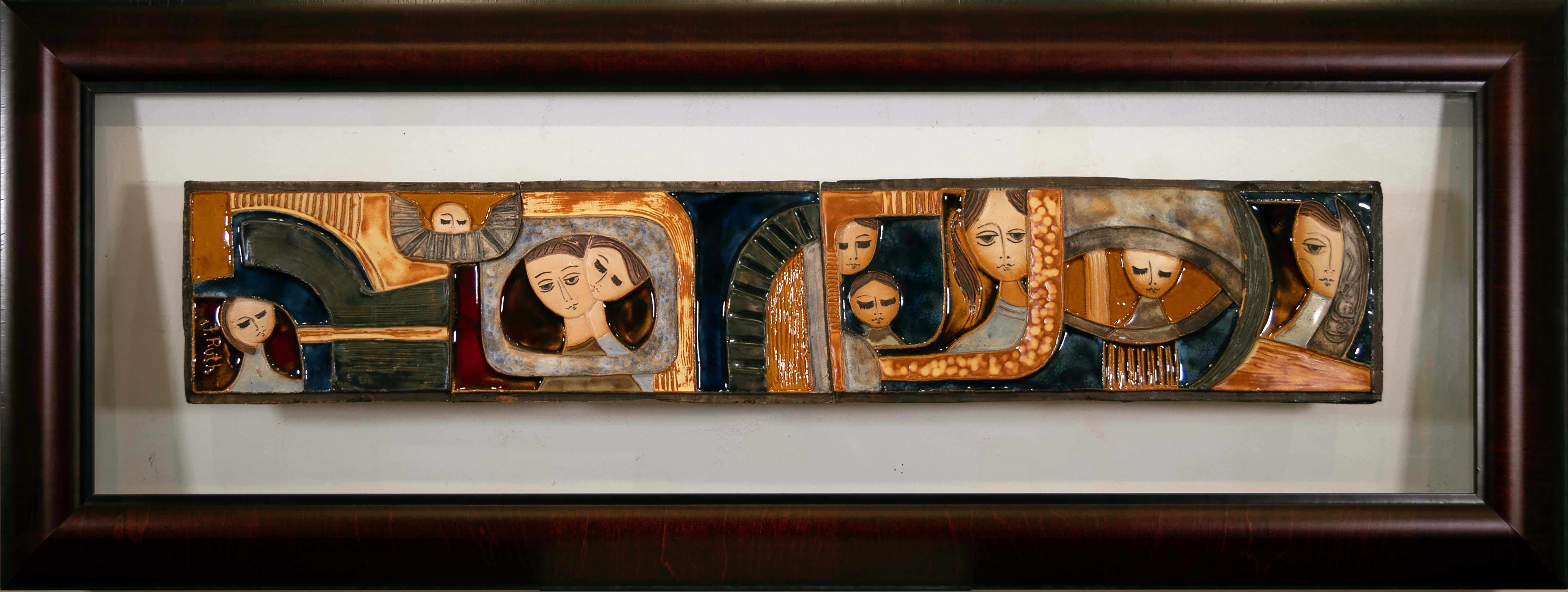 A whimsical modernist figurative ceramic tile wall art installation by Israeli artist Ruth Faktor (Faktorowicz). A unique composition with a theme of friendship. The tile was hand-painted with the artist's unique glazes. The ceramic tiles are framed