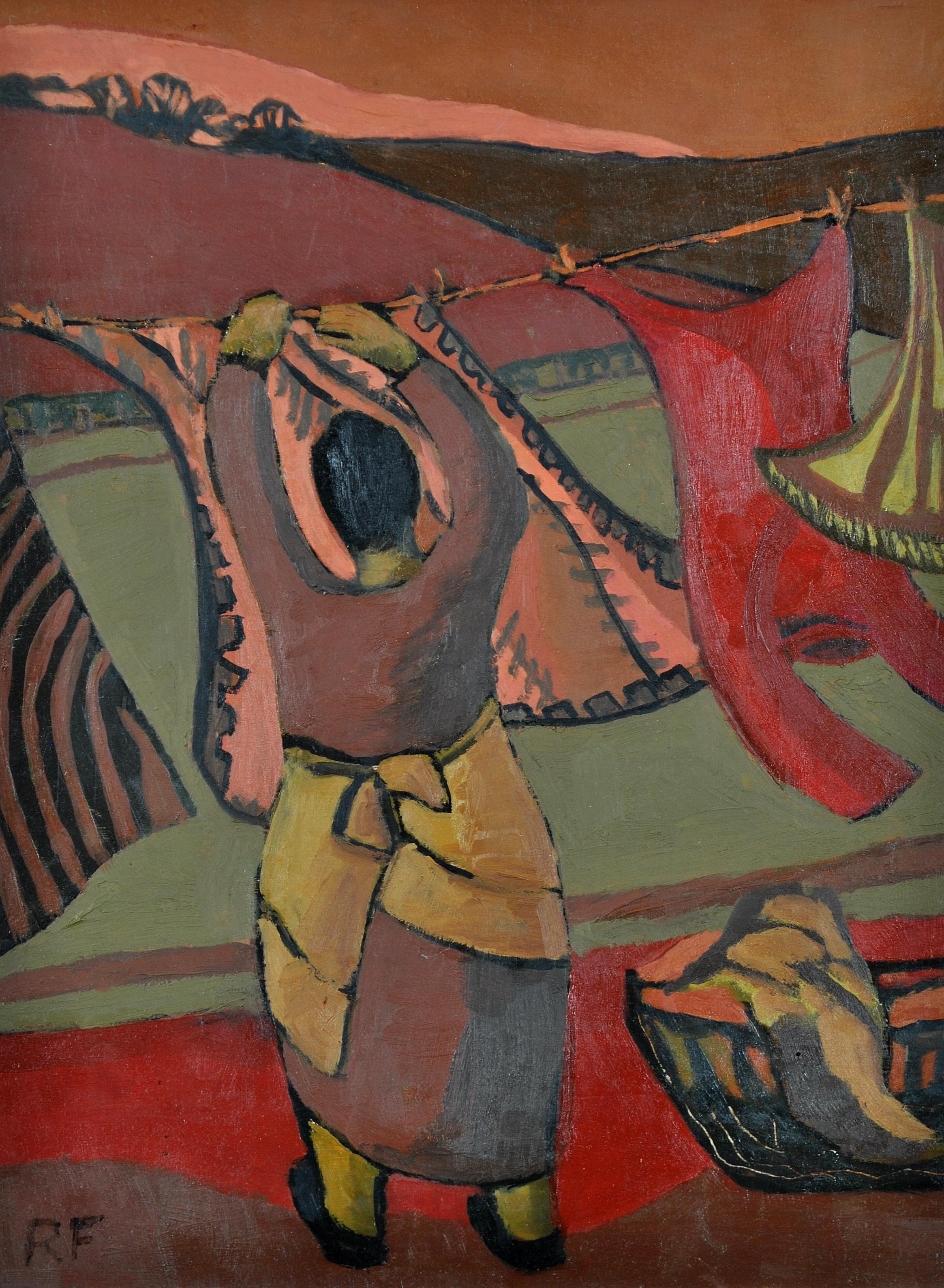 Wash Day - Modern British Figurative Hanging Washing in Garden Oil Painting - Brown Figurative Painting by Ruth Farrelly