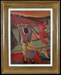 Vintage Wash Day - Modern British Figurative Hanging Washing in Garden Oil Painting