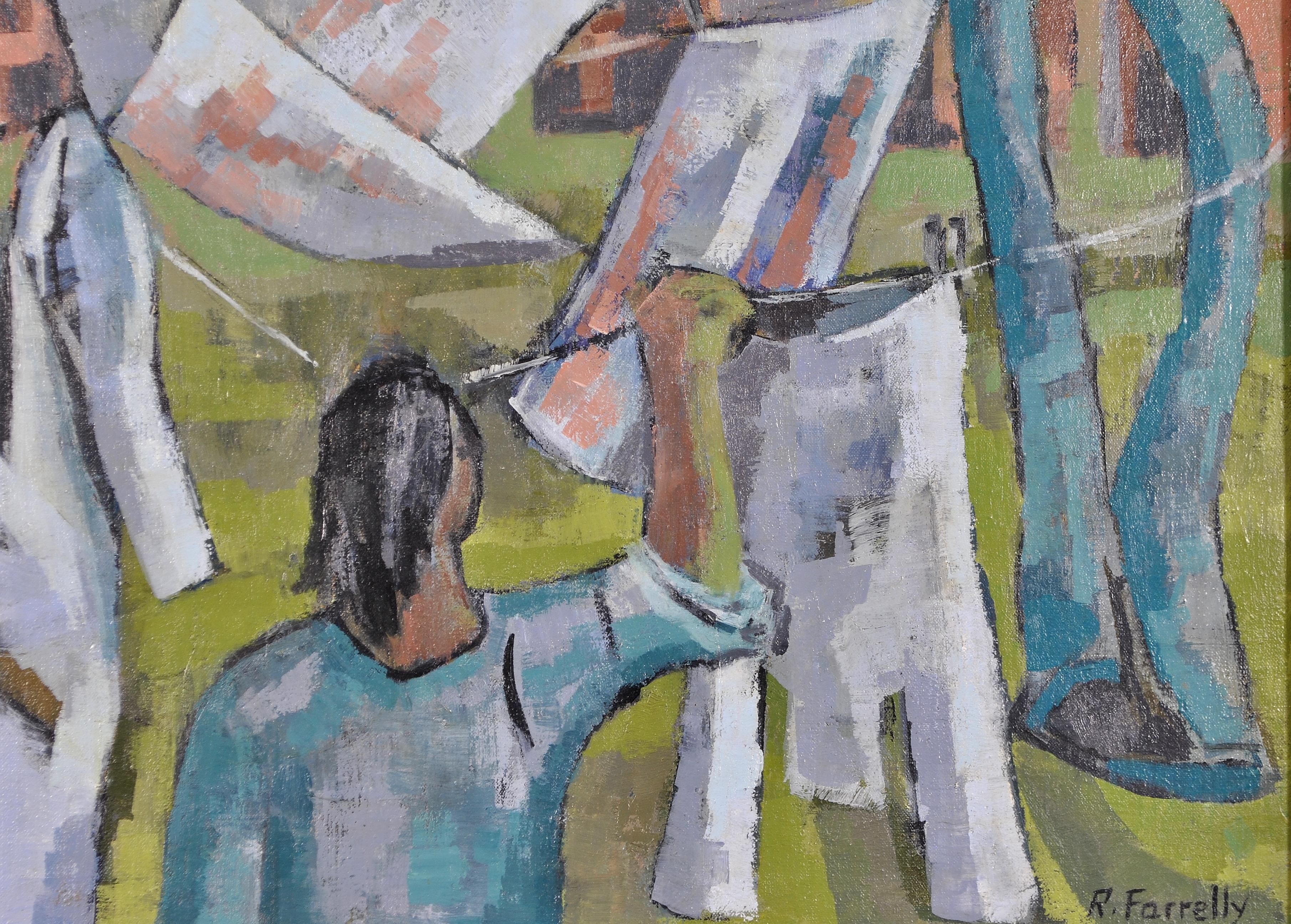Washing on a Line - Modern British Figurative Garden Oil on Canvas Painting For Sale 1
