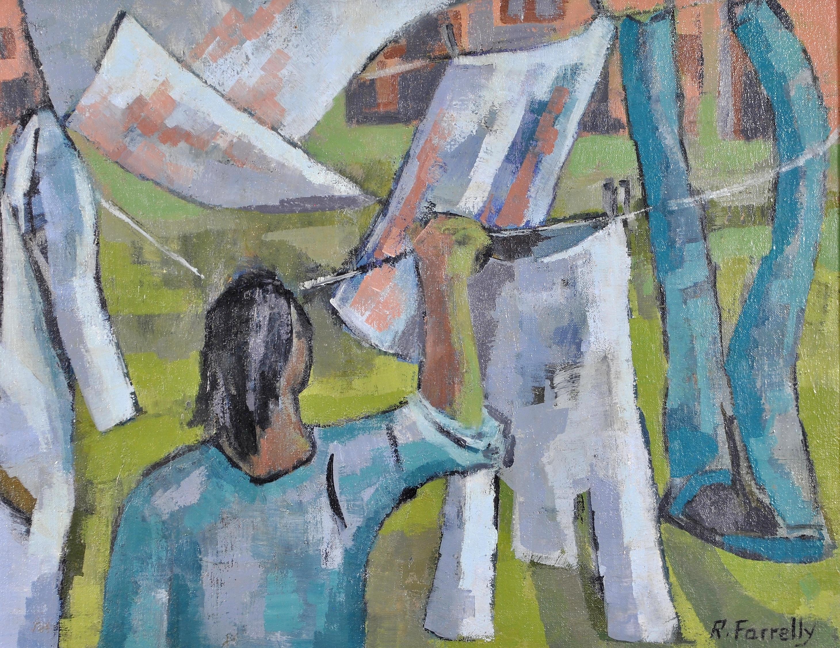 A beautiful Modern British oil on canvas by Ruth Farrelly which depicts a lady putting her washing out on a line in her garden. Superb quality and striking painting, presented in the original frame.

Artist: Ruth Farrelly (British, 1918-2018)
Title: